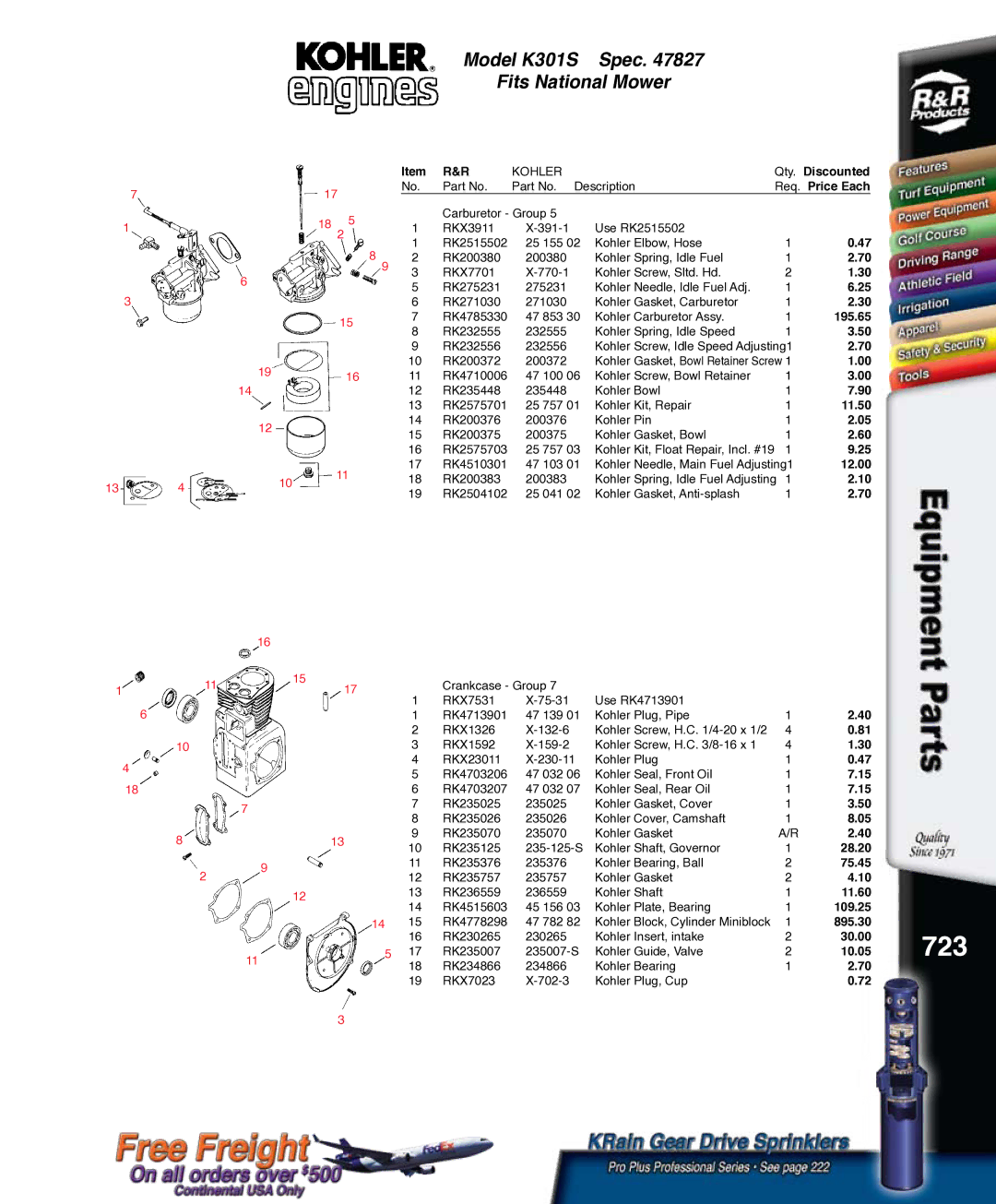 Kohler K321S, RKPX60390 service manual 723, 195.65, 109.25, 895.30 