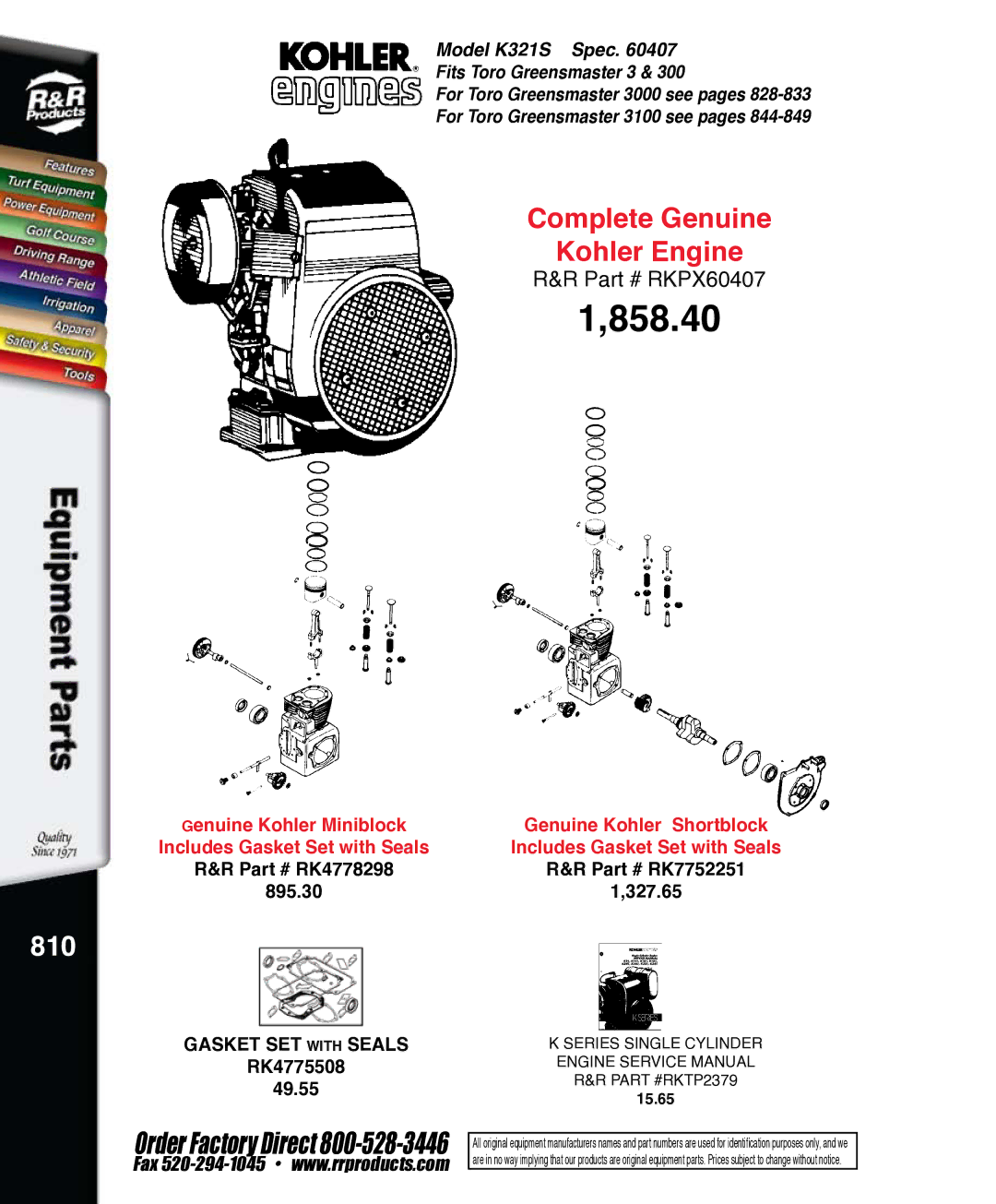 Kohler K321S, RKPX60390 service manual 858.40, 810 