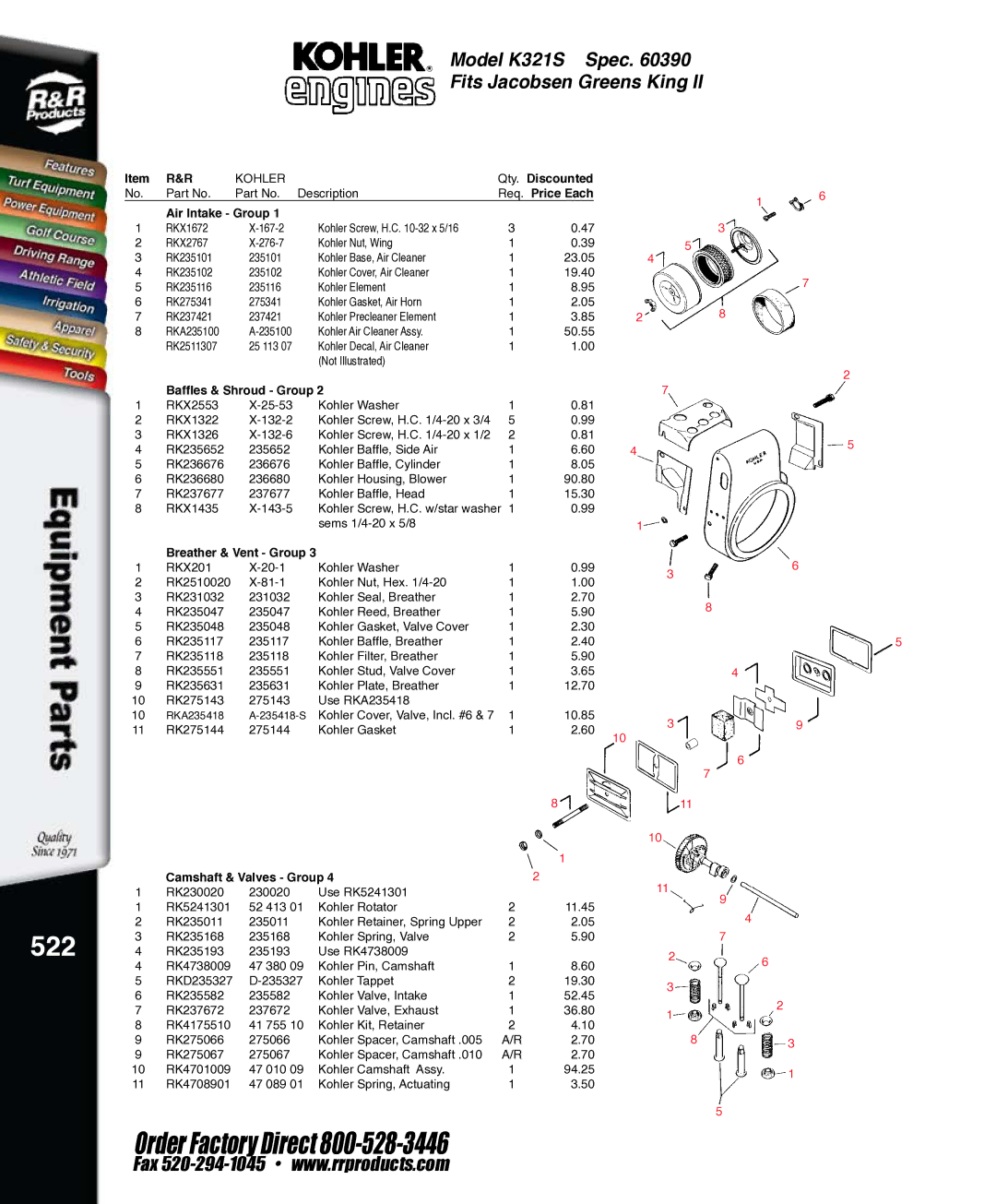 Kohler RKPX60390, K321S 522, Req. Price Each Air Intake Group, Baffles & Shroud Group, Camshaft & Valves Group 