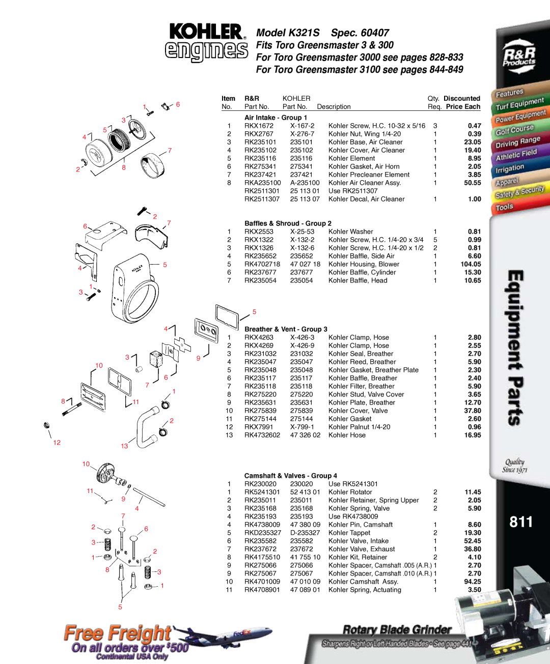 Kohler RKPX60390, K321S service manual 811, 10.65, 37.80, Camshaft & Valves Group 