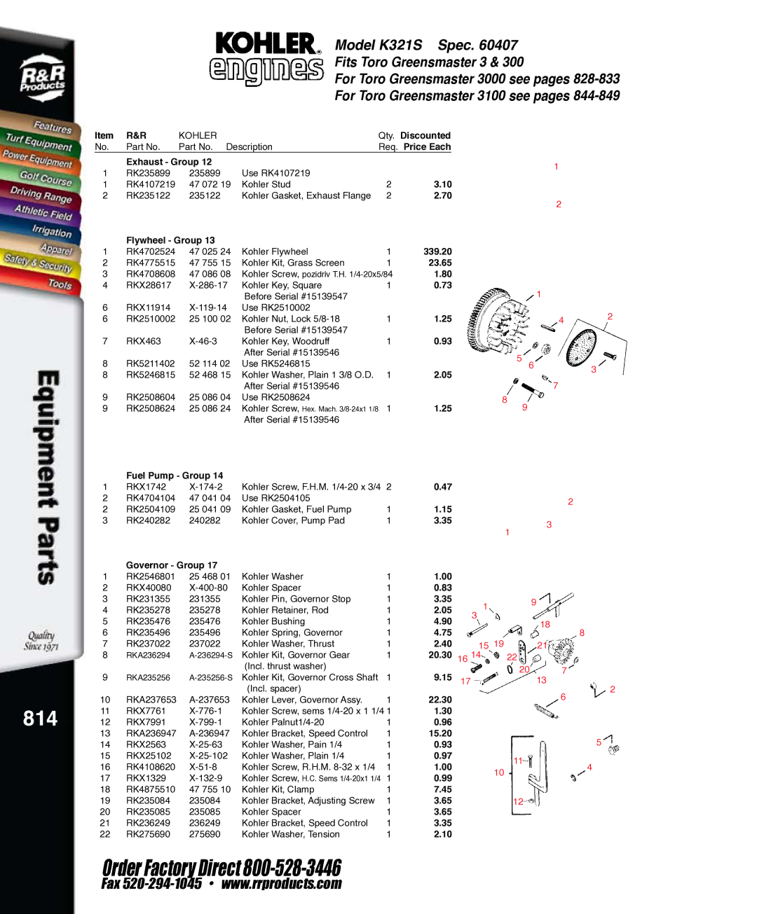 Kohler K321S, RKPX60390 service manual 814, Req. Price Each Exhaust Group, 20.30 