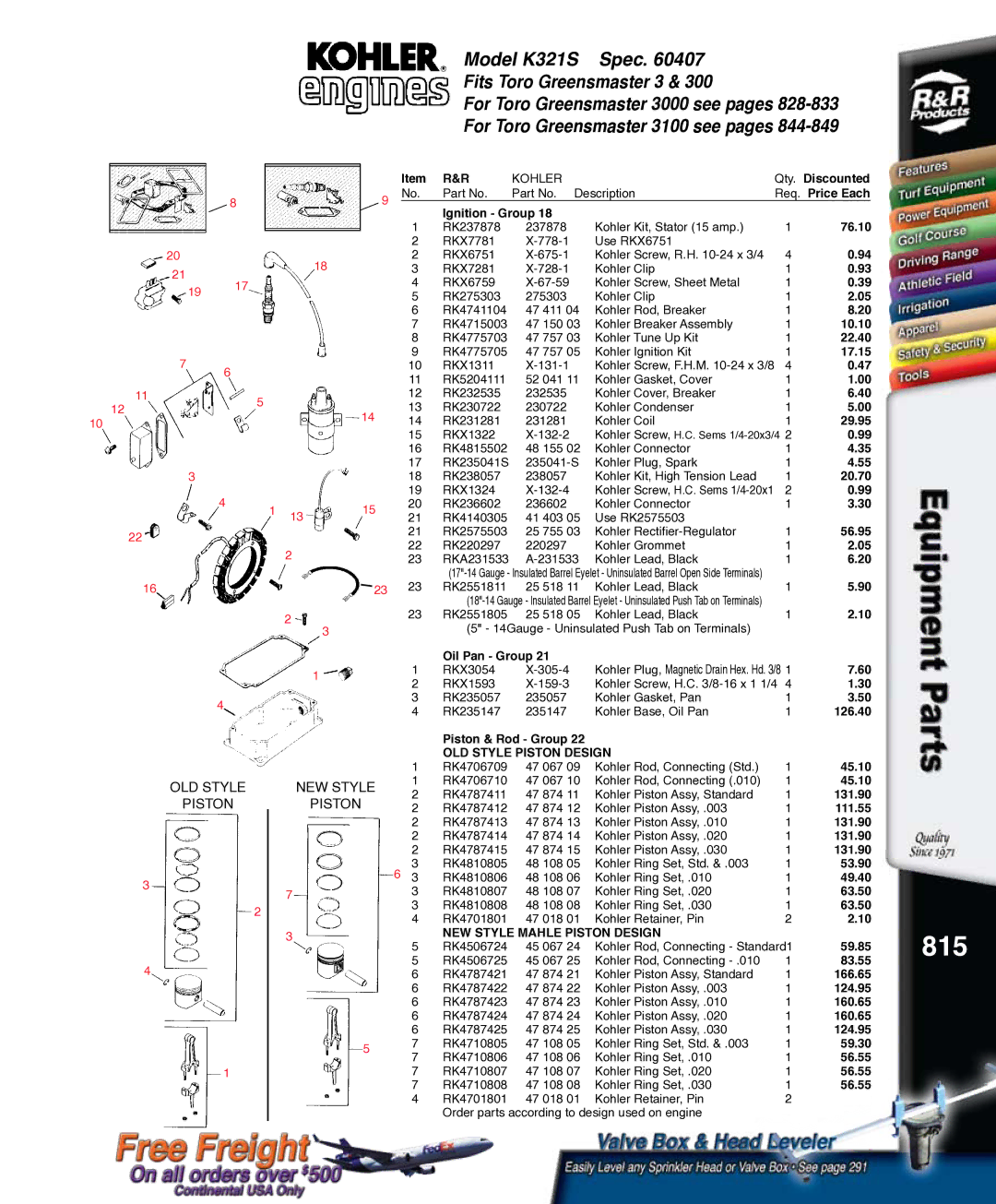 Kohler RKPX60390, K321S service manual 815, OLD Style Piston NEW Style 