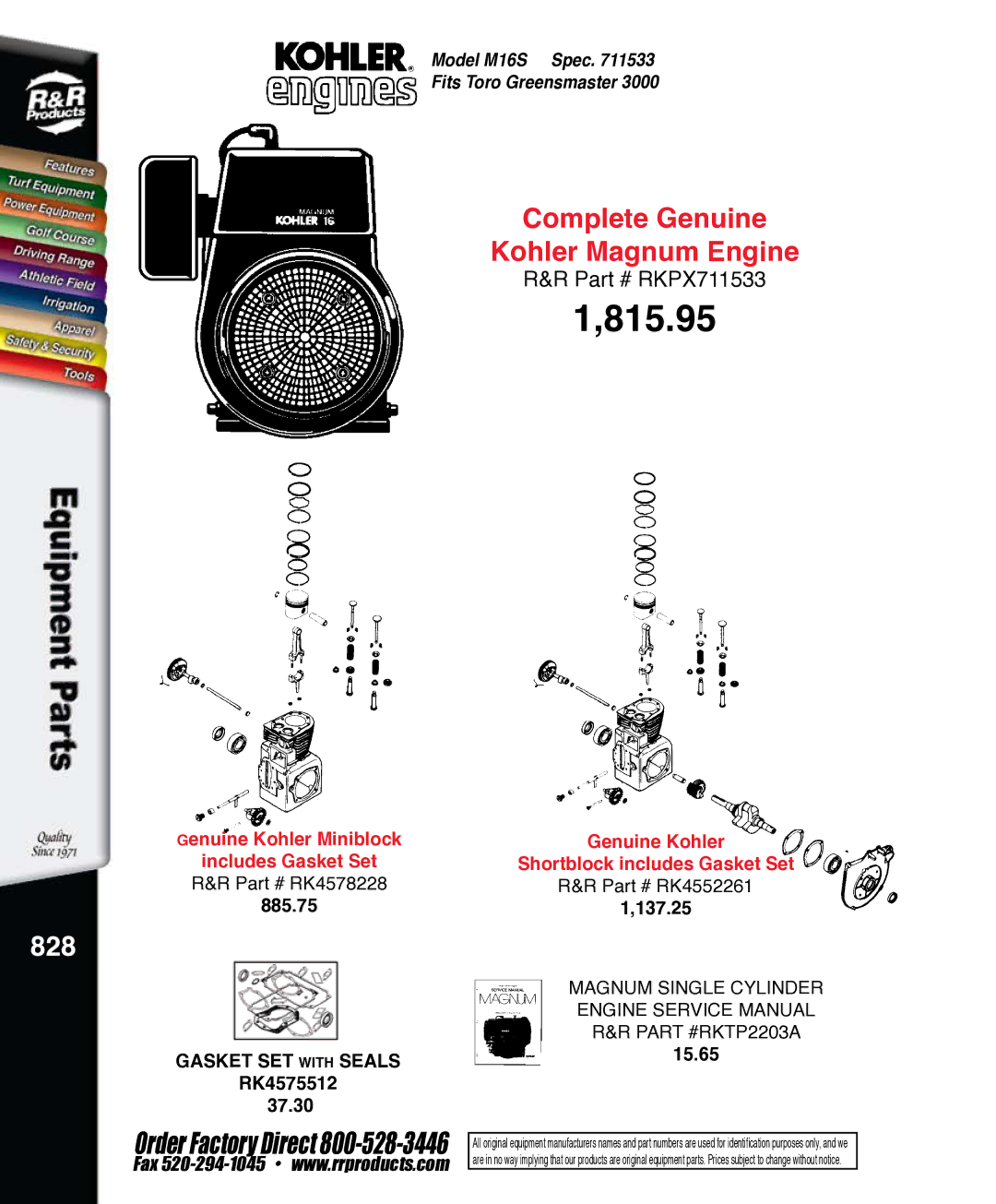 Kohler K321S, RKPX60390 service manual 815.95, 828 