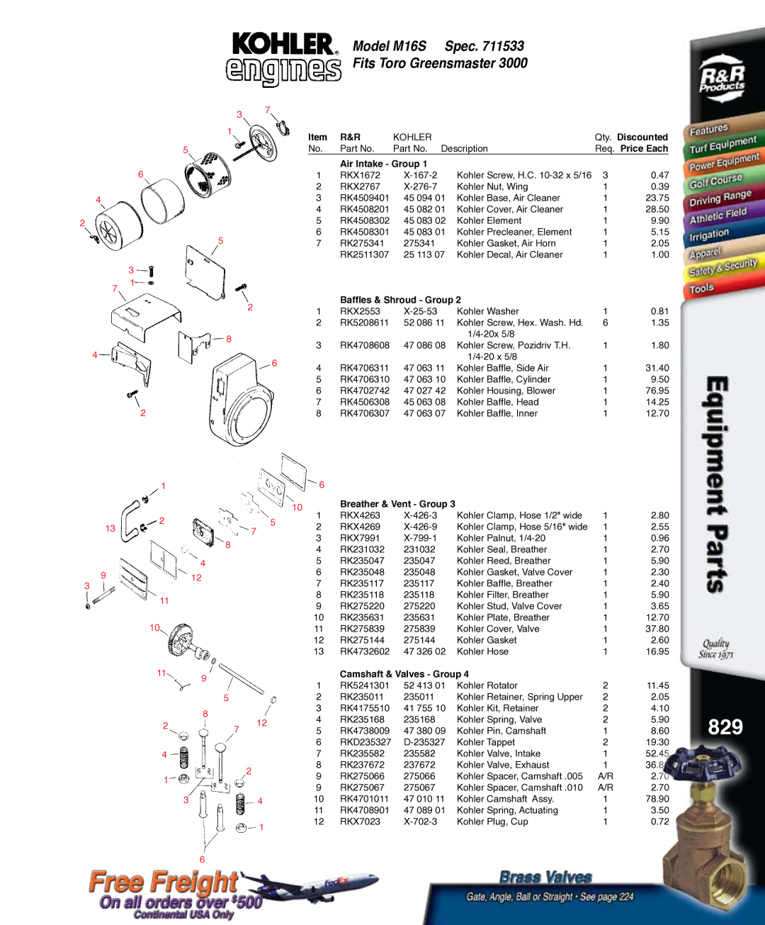 Kohler RKPX60390, K321S service manual 829, Model M16S Spec Fits Toro Greensmaster 