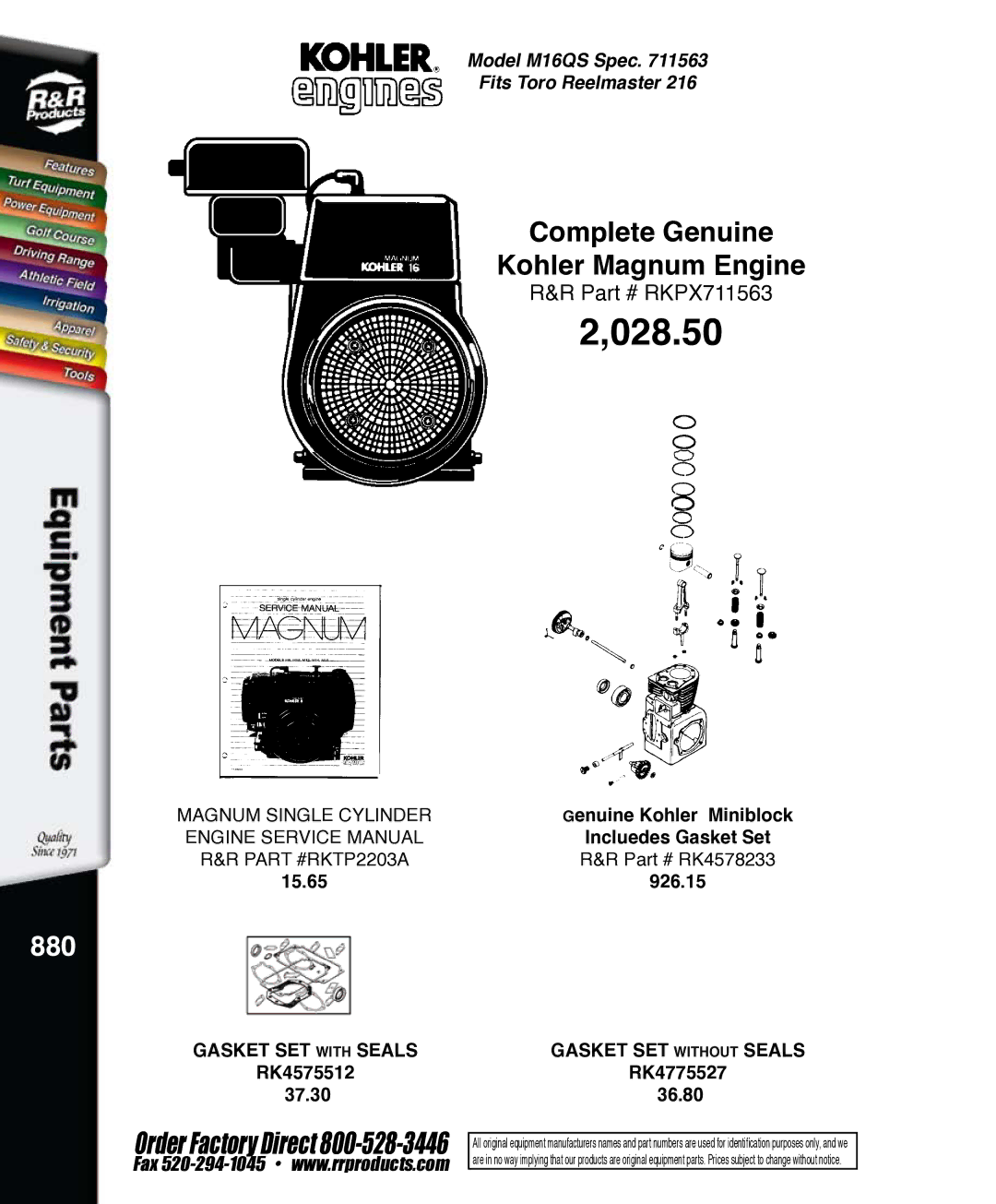 Kohler K321S, RKPX60390 service manual 028.50, 880 