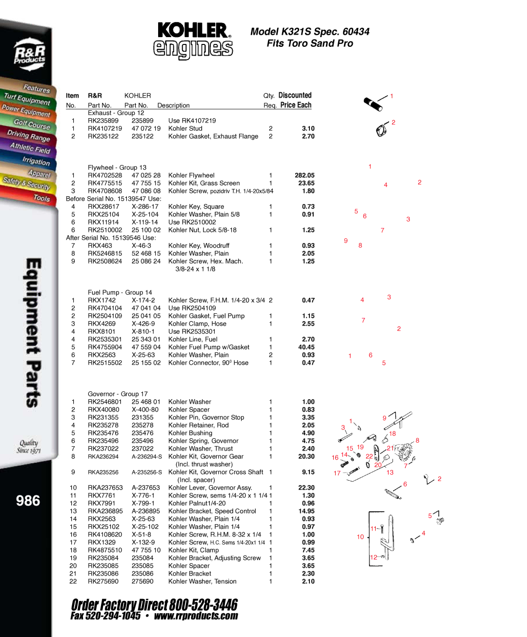 Kohler K321S, RKPX60390 service manual 986, 282.05, 14.95 