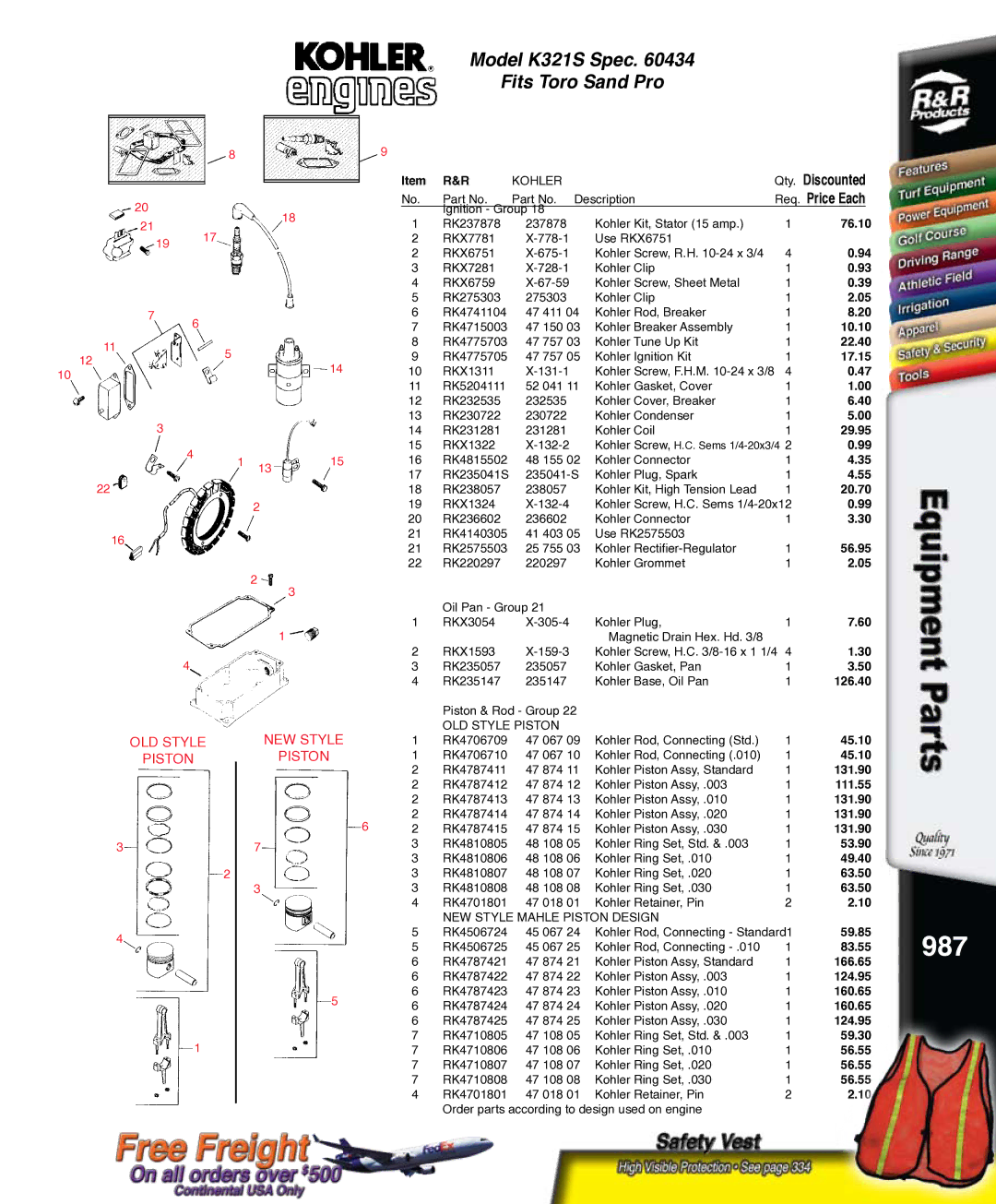 Kohler RKPX60390, K321S service manual 987, OLD Style Piston NEW Style 