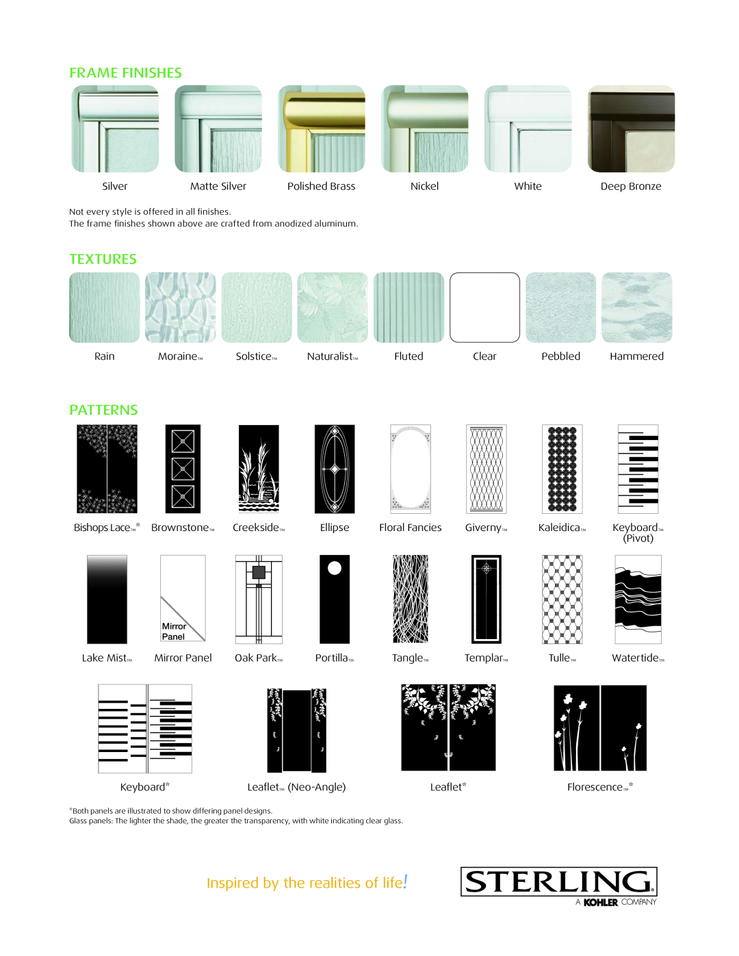 Kohler Shower Doors manual Frame Finishes, Textures, Patterns 