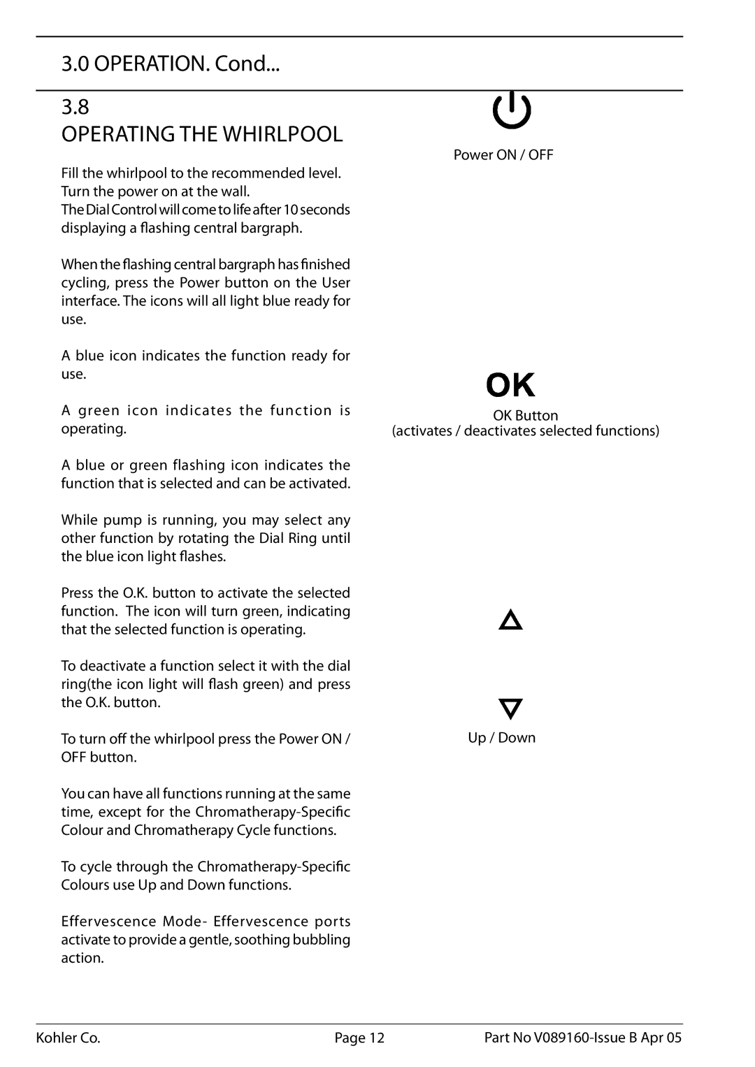 Kohler V089160, K-1110-CT-0 installation instructions Operating the Whirlpool 