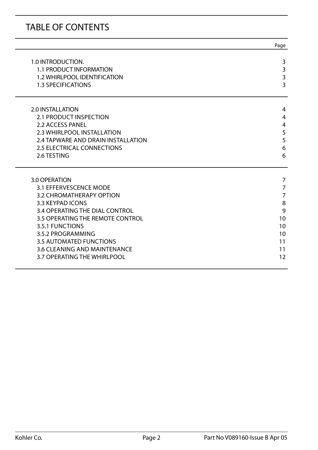 Kohler V089160, K-1110-CT-0 installation instructions Table of Contents 