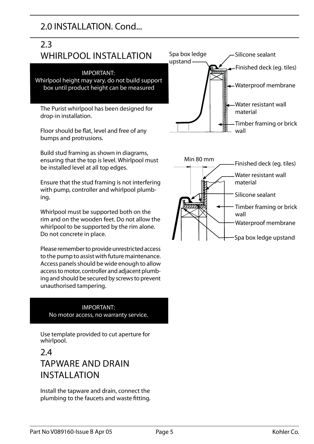 Kohler K-1110-CT-0, V089160 installation instructions INSTALLATION. Cond 