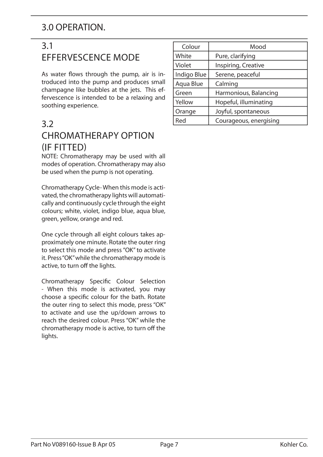 Kohler K-1110-CT-0, V089160 installation instructions Operation Effervescence Mode, Chromatherapy Option if Fitted 