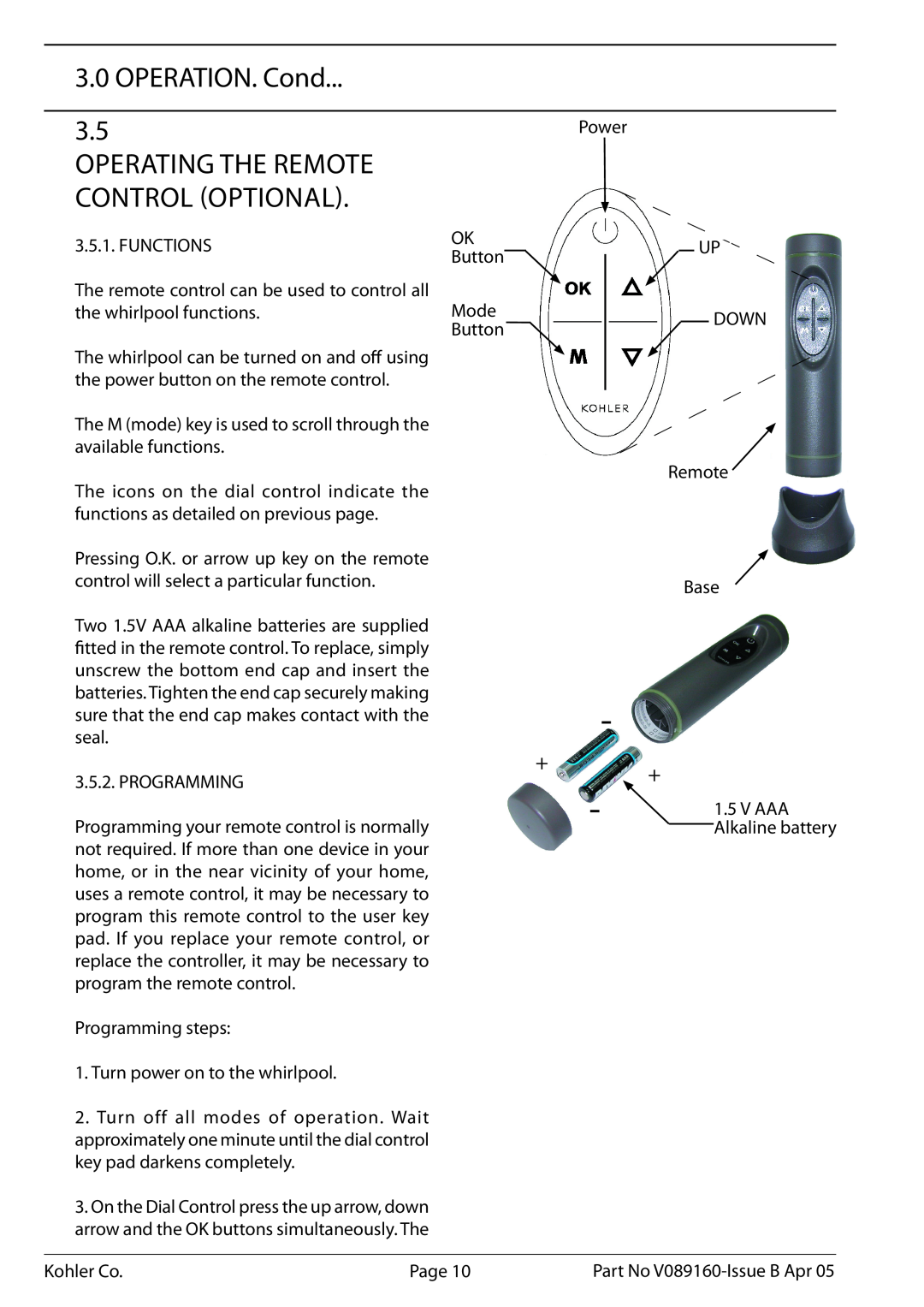 Kohler V089160, K-1110-CT-0 installation instructions OPERATION. Cond, Operating The Remote Control Optional 