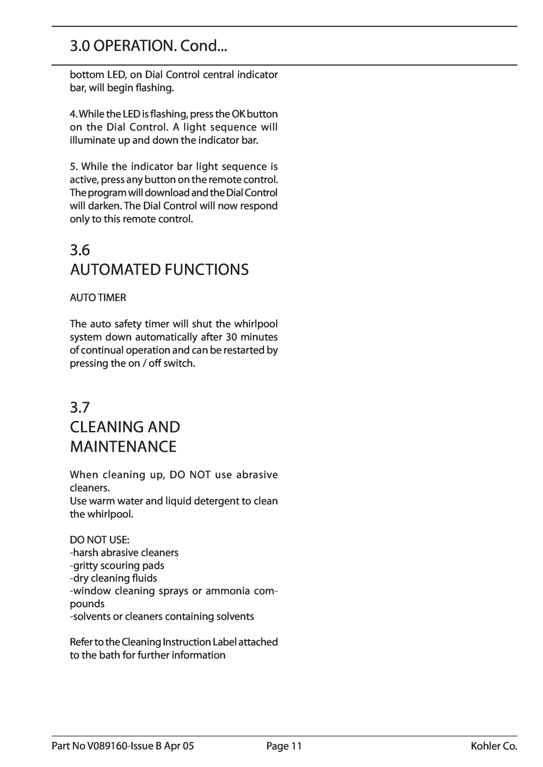 Kohler K-1110-CT-0, V089160 installation instructions Automated Functions, OPERATION. Cond, Cleaning And Maintenance 