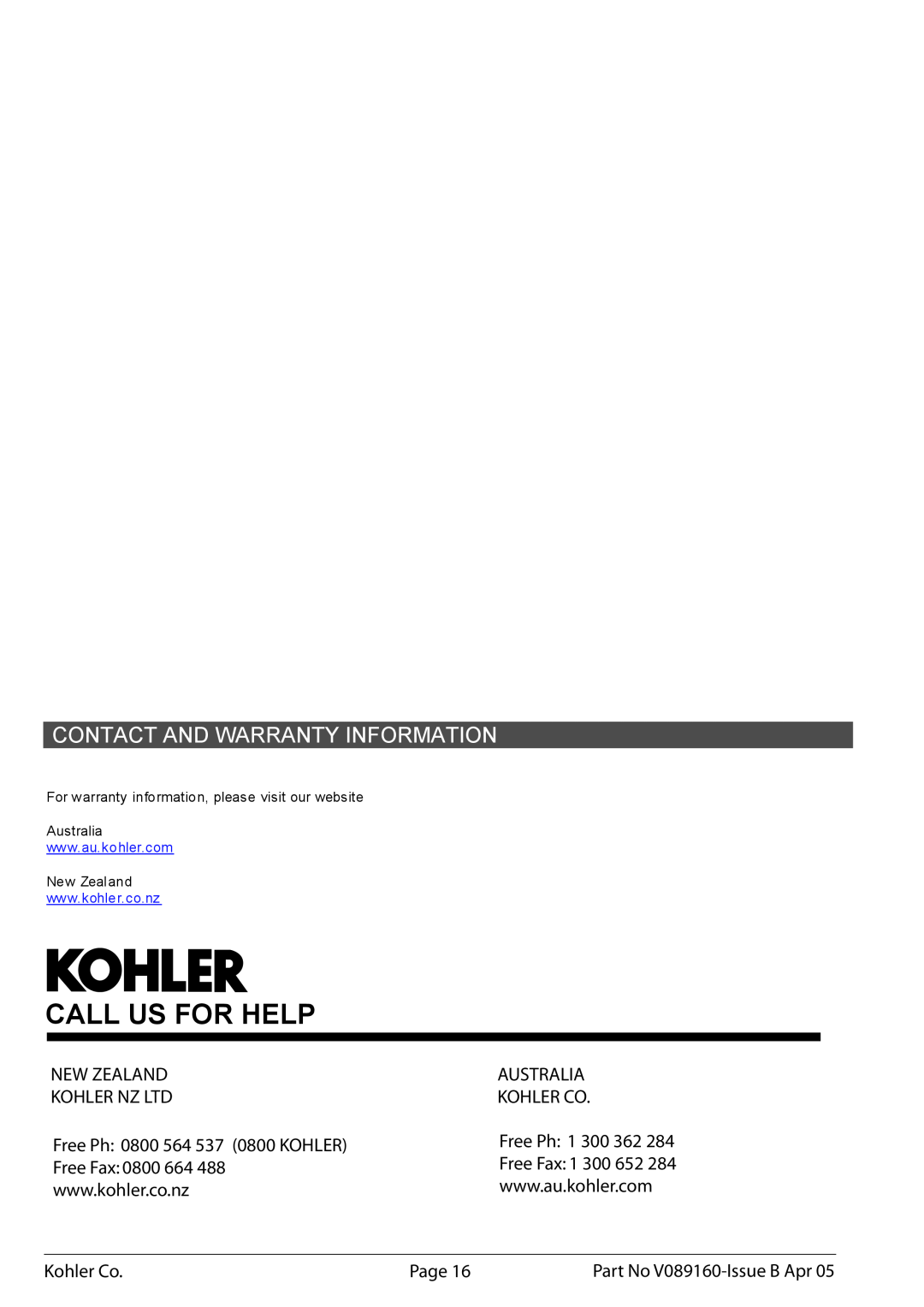 Kohler Call Us For Help, Contact And Warranty Information, Part No V089160-IssueB Apr, Australia, New Zealand 