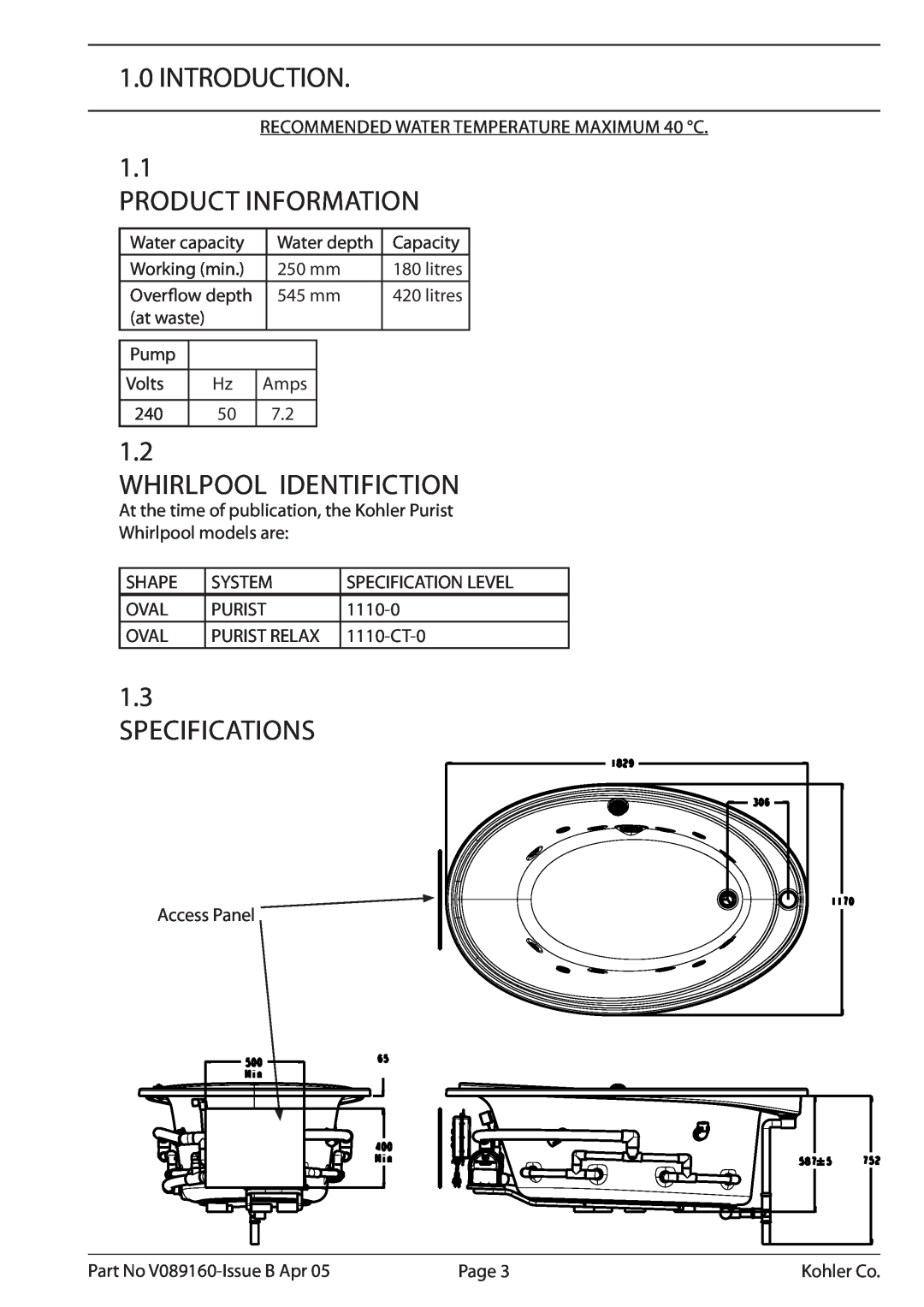 Kohler K-1110-CT-0, V089160 Introduction, Product Information, Whirlpool Identifiction, Specifications 
