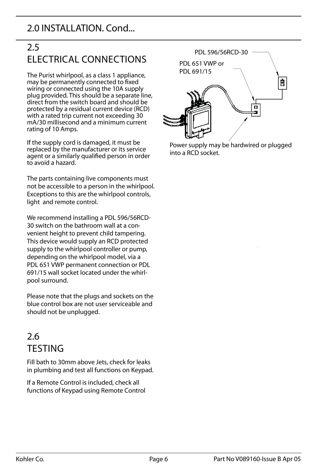 Kohler V089160, K-1110-CT-0 installation instructions INSTALLATION. Cond 2.5 ELECTRICAL CONNECTIONS, Testing 