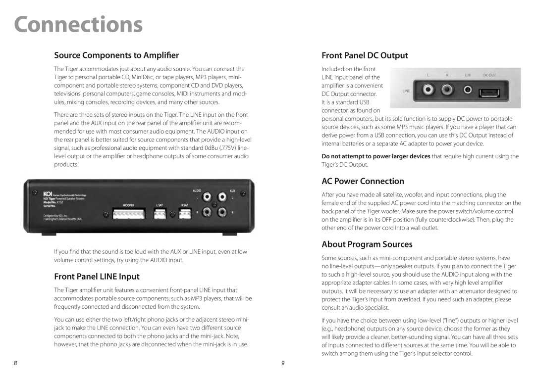 KOI TIGER Powered Speaker System manual Source Components to Amplifier, Front Panel Line Input, Front Panel DC Output 