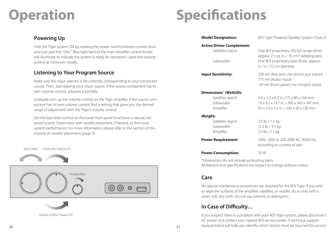 KOI TIGER Powered Speaker System manual Operation, Specifications 