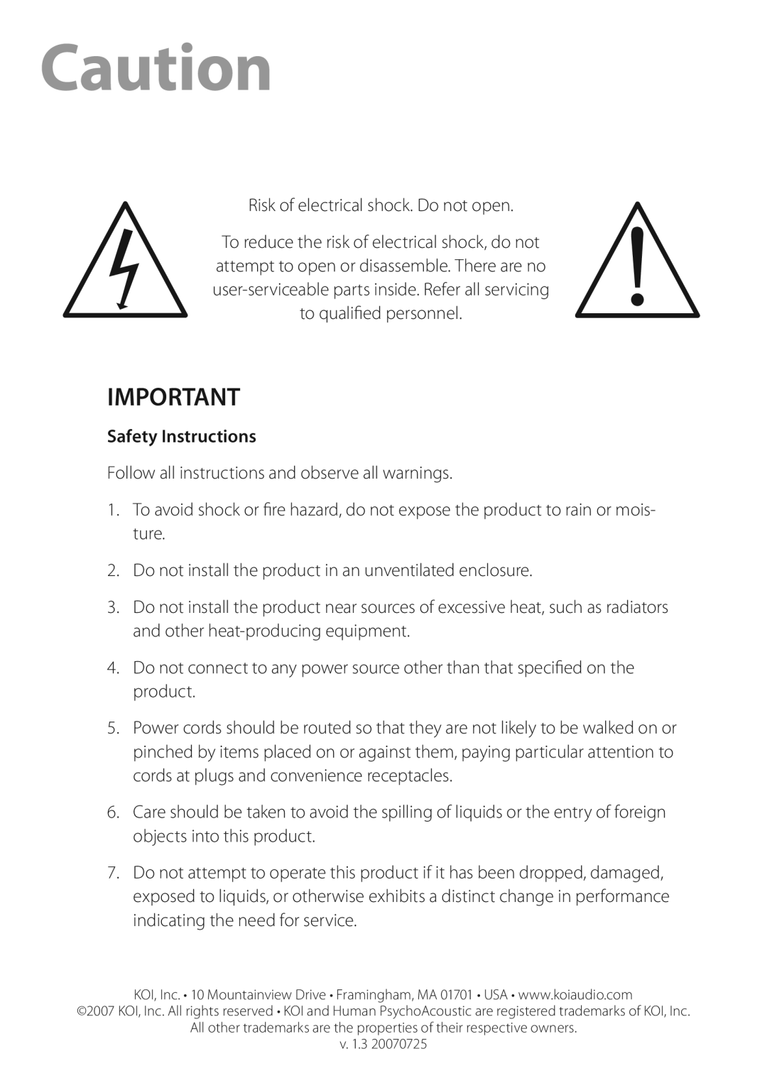 KOI TIGER Powered Speaker System manual Safety Instructions 