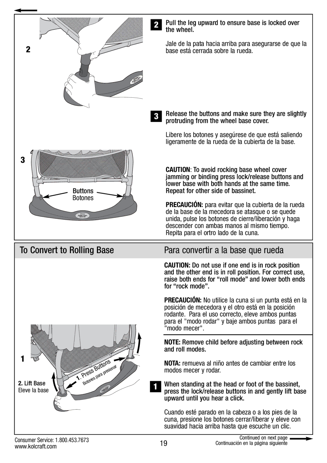 Kolcraft B034-R1 manual To Convert to Rolling Base, Para convertir a la base que rueda, Buttons Botones 