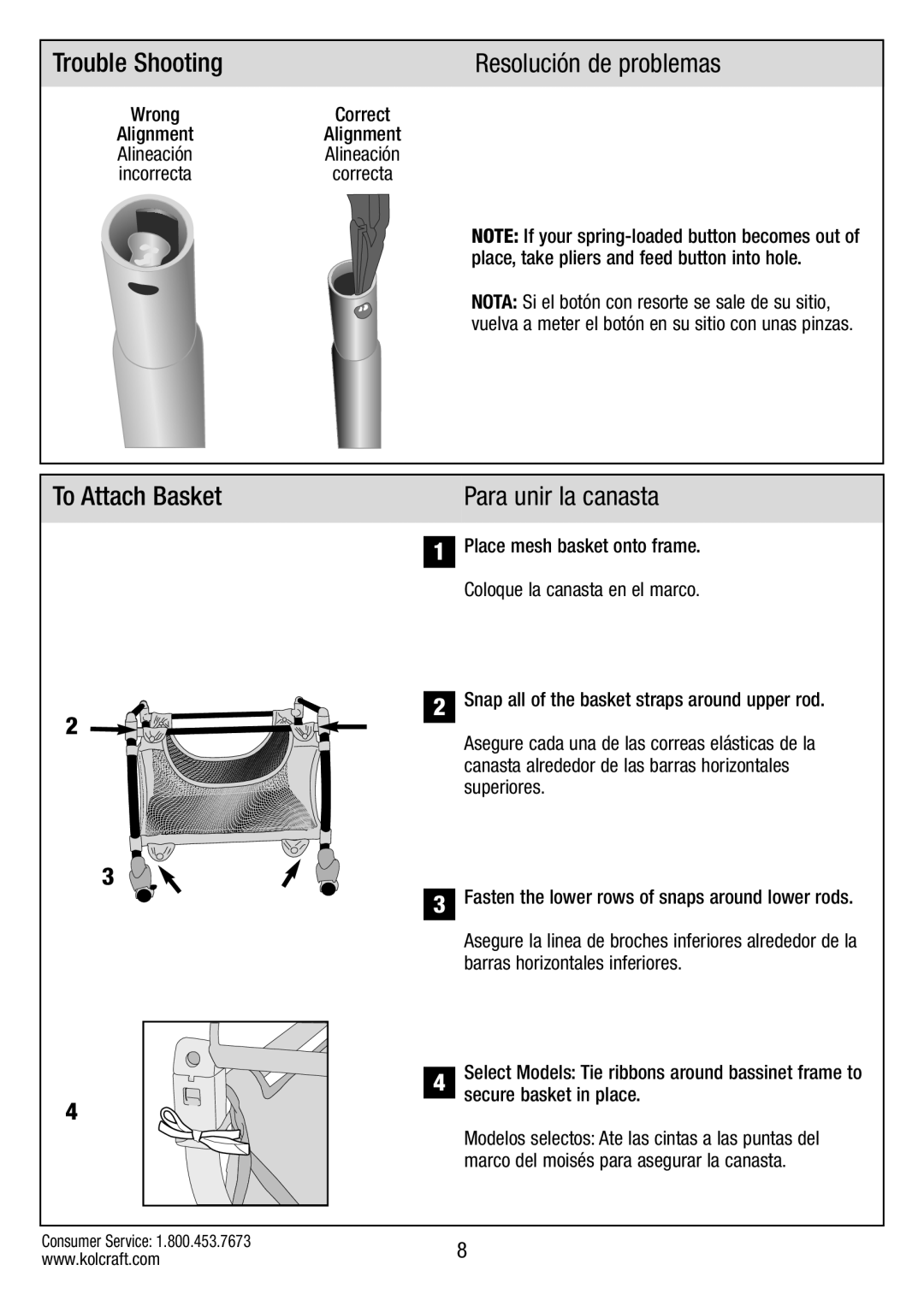 Kolcraft B034-R1 manual Trouble Shooting Resolución de problemas, To Attach Basket Para unir la canasta 