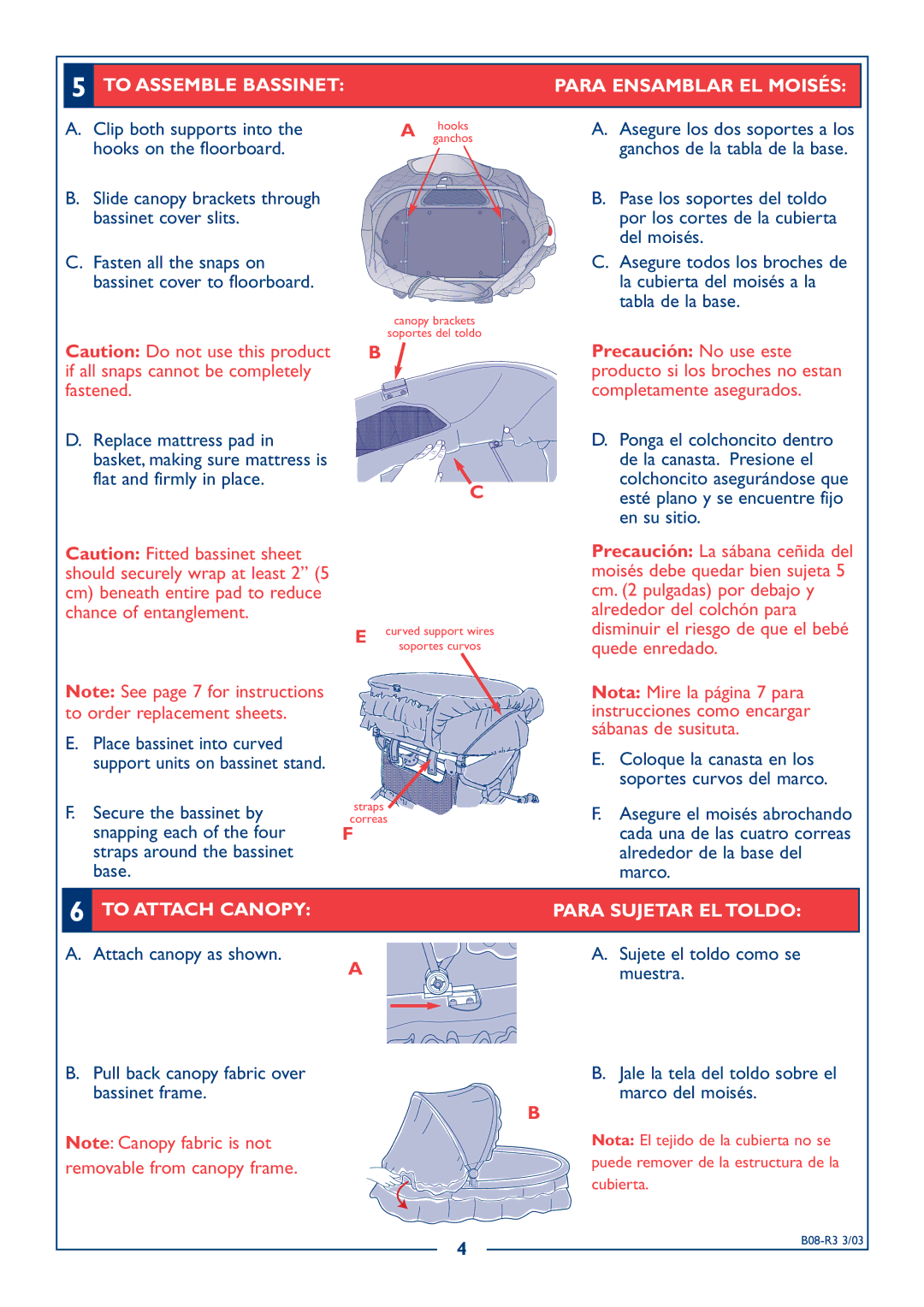 Kolcraft B08-R3 dimensions To Assemble Bassinet Para Ensamblar EL Moisés, To Attach Canopy 