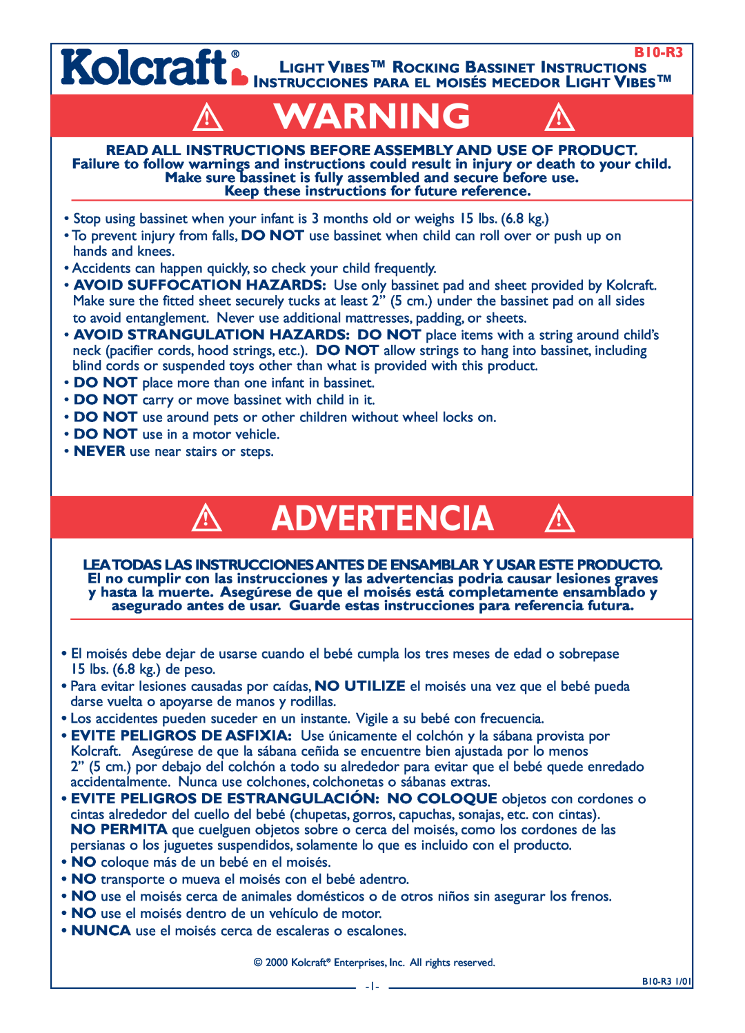 Kolcraft B10-R3 manual Advertencia 
