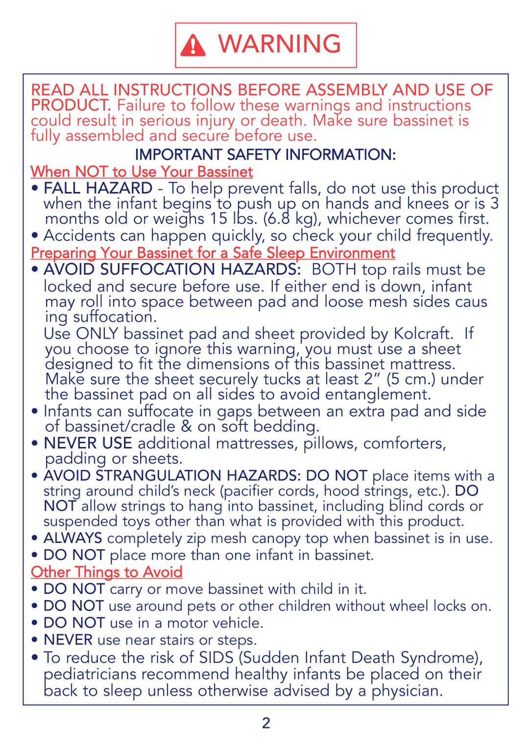 Kolcraft B14-R4 manual Preparing Your Bassinet for a Safe Sleep Environment 