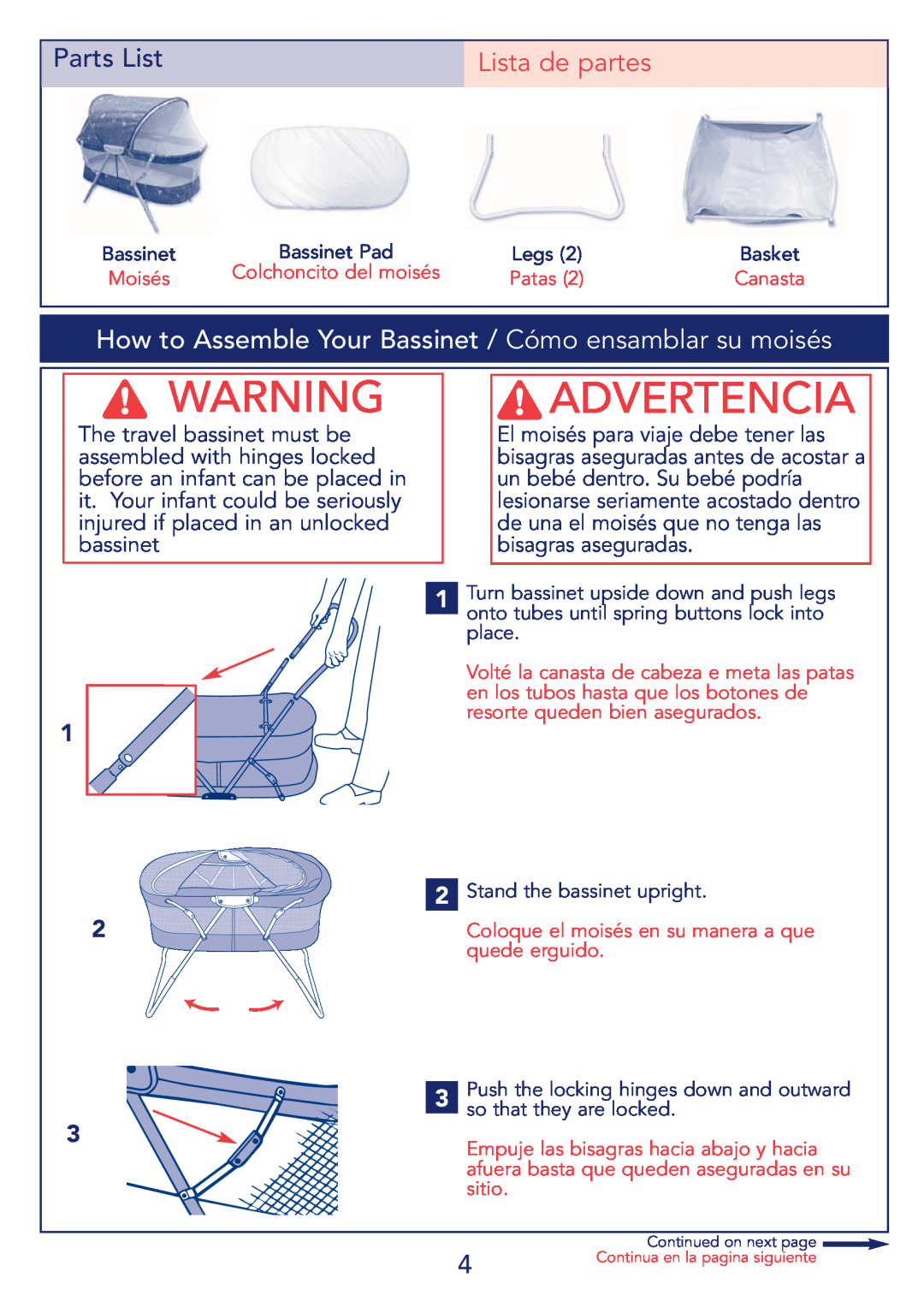 Kolcraft B14-R4 manual Advertencia, Parts List, Lista de partes, How to Assemble Your Bassinet / Cómo ensamblar su moisés 