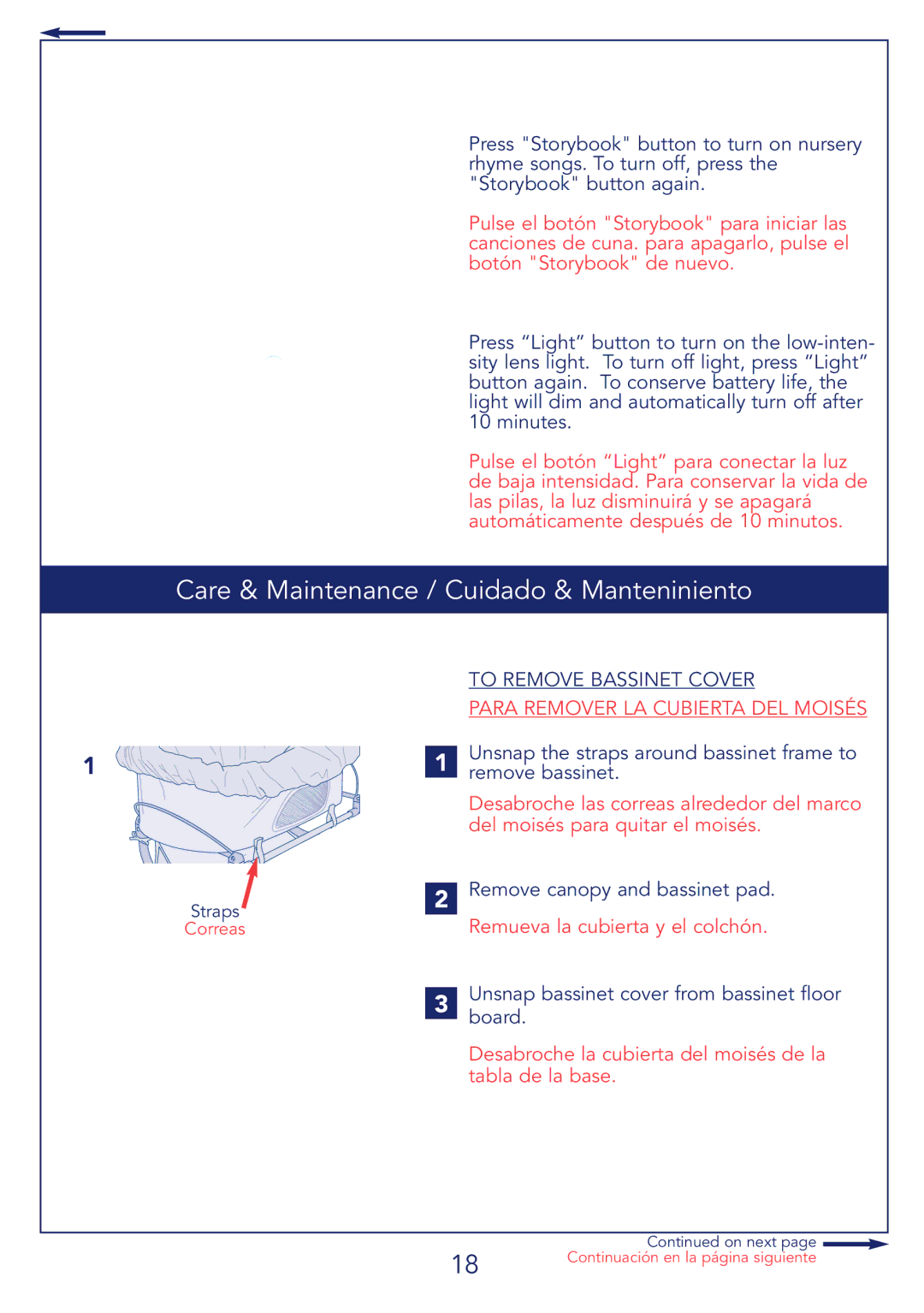 Kolcraft B26-R2 Care & Maintenance / Cuidado & Manteniniento, Unsnap the straps around bassinet frame to remove bassinet 