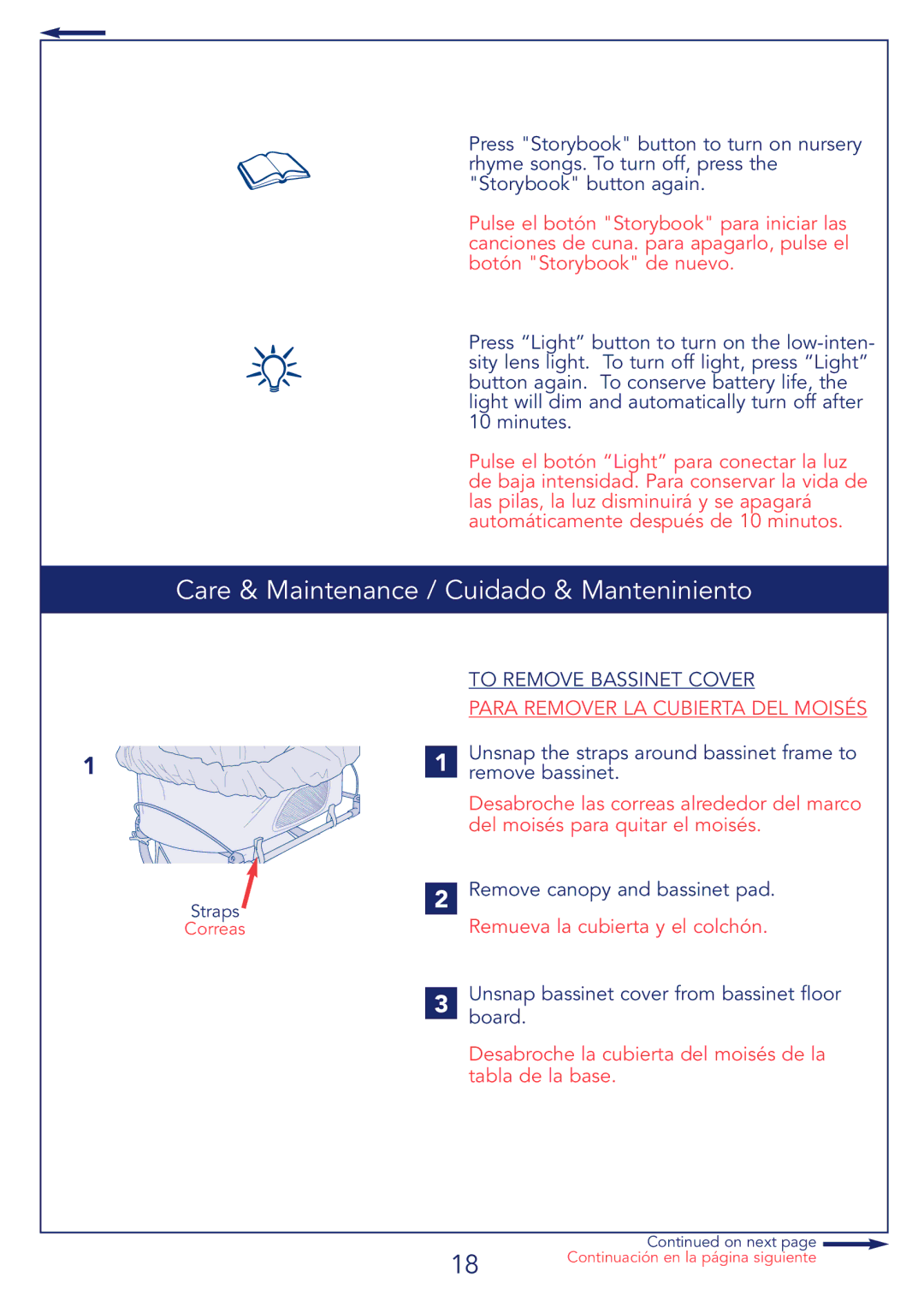 Kolcraft B26-R2 Care & Maintenance / Cuidado & Manteniniento, Unsnap the straps around bassinet frame to remove bassinet 