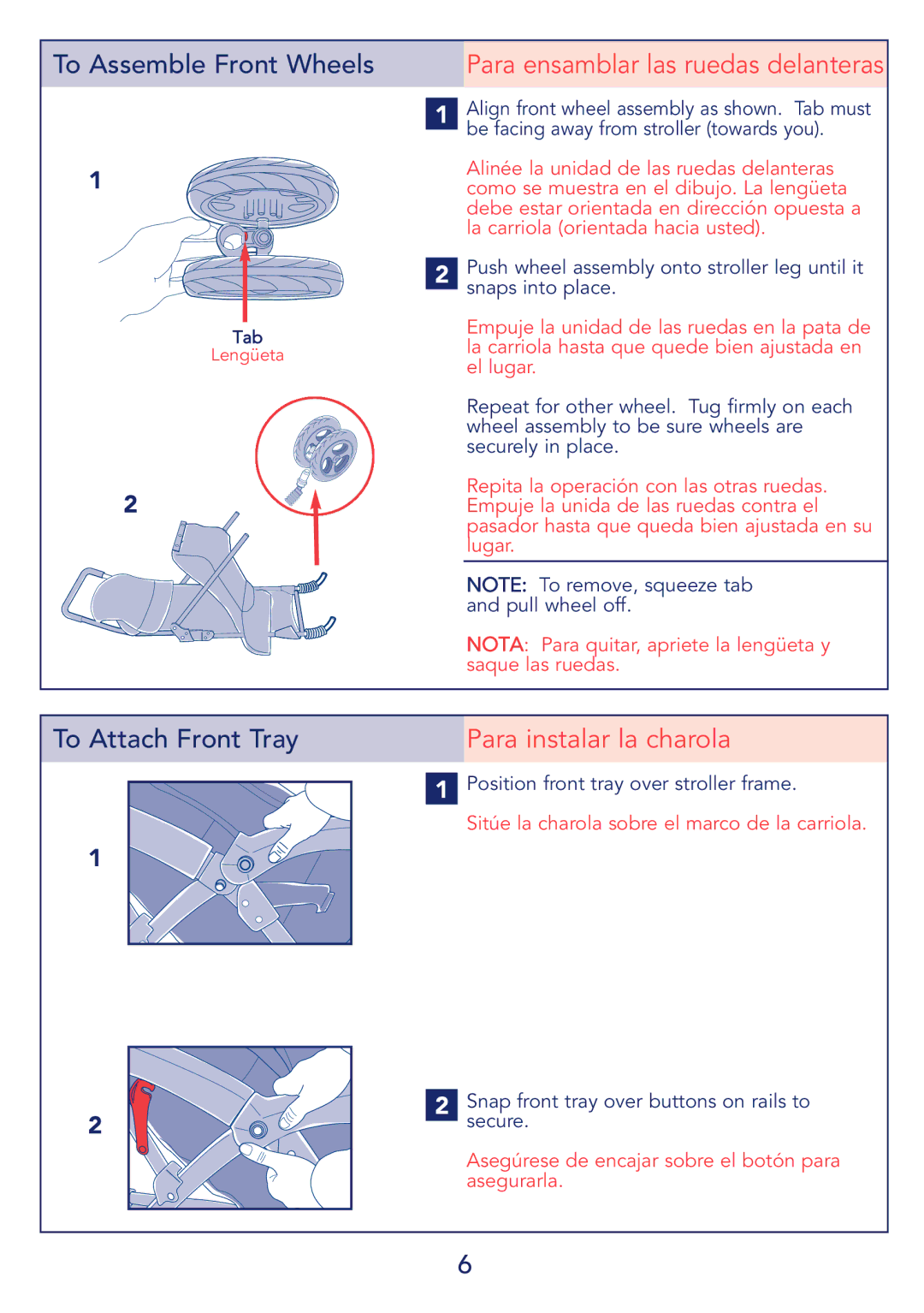 Kolcraft Begba instruction sheet Para ensamblar las ruedas delanteras, Para instalar la charola 