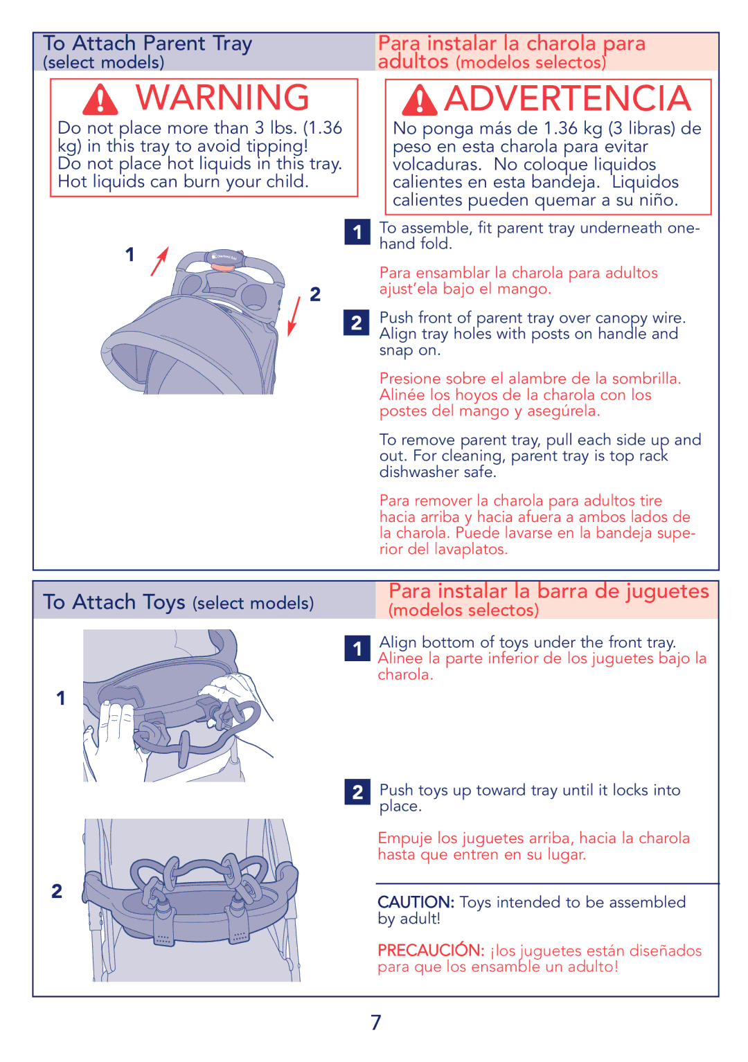 Kolcraft Begba instruction sheet Para instalar la charola para, Para instalar la barra de juguetes 