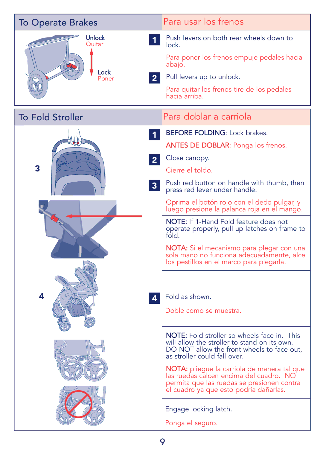 Kolcraft Begba instruction sheet Para usar los frenos, Para doblar a carriola 