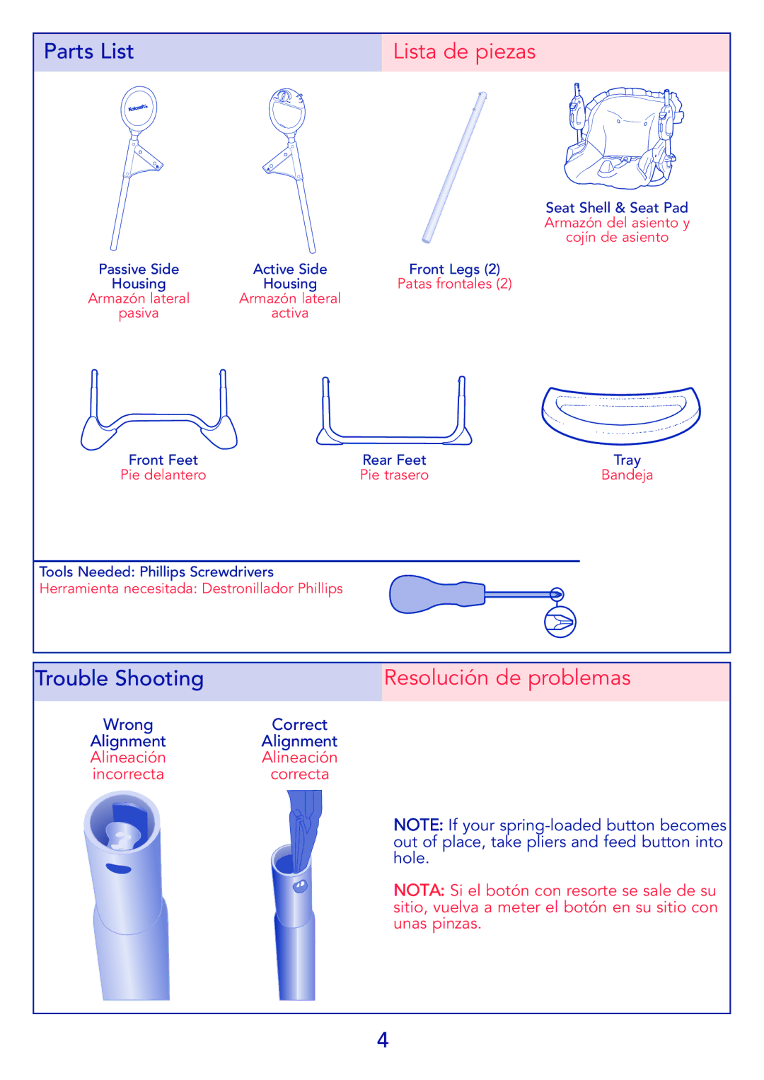 Kolcraft G03S 9/08 instruction sheet Lista de piezas, Resolución de problemas 