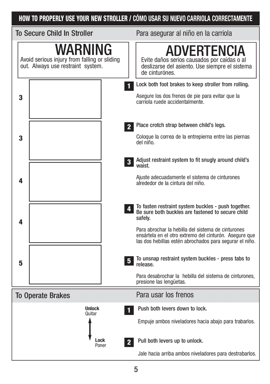 Kolcraft S083 8/10 manual To Secure Child In Stroller, To Operate Brakes, Para usar los frenos 