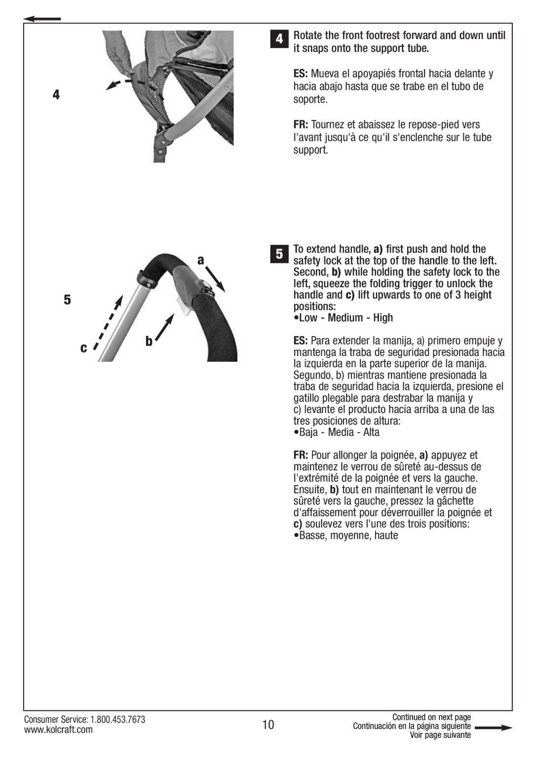 Kolcraft S084 12/10 instruction sheet It snaps onto the support tube, Soporte, Positions, Low Medium High 