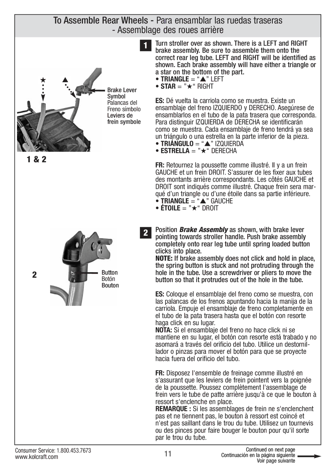 Kolcraft S084 12/10 Star = Right, Haga click en su lugar, Hacia fuera del orificio del tubo, Ressort senclenche en place 