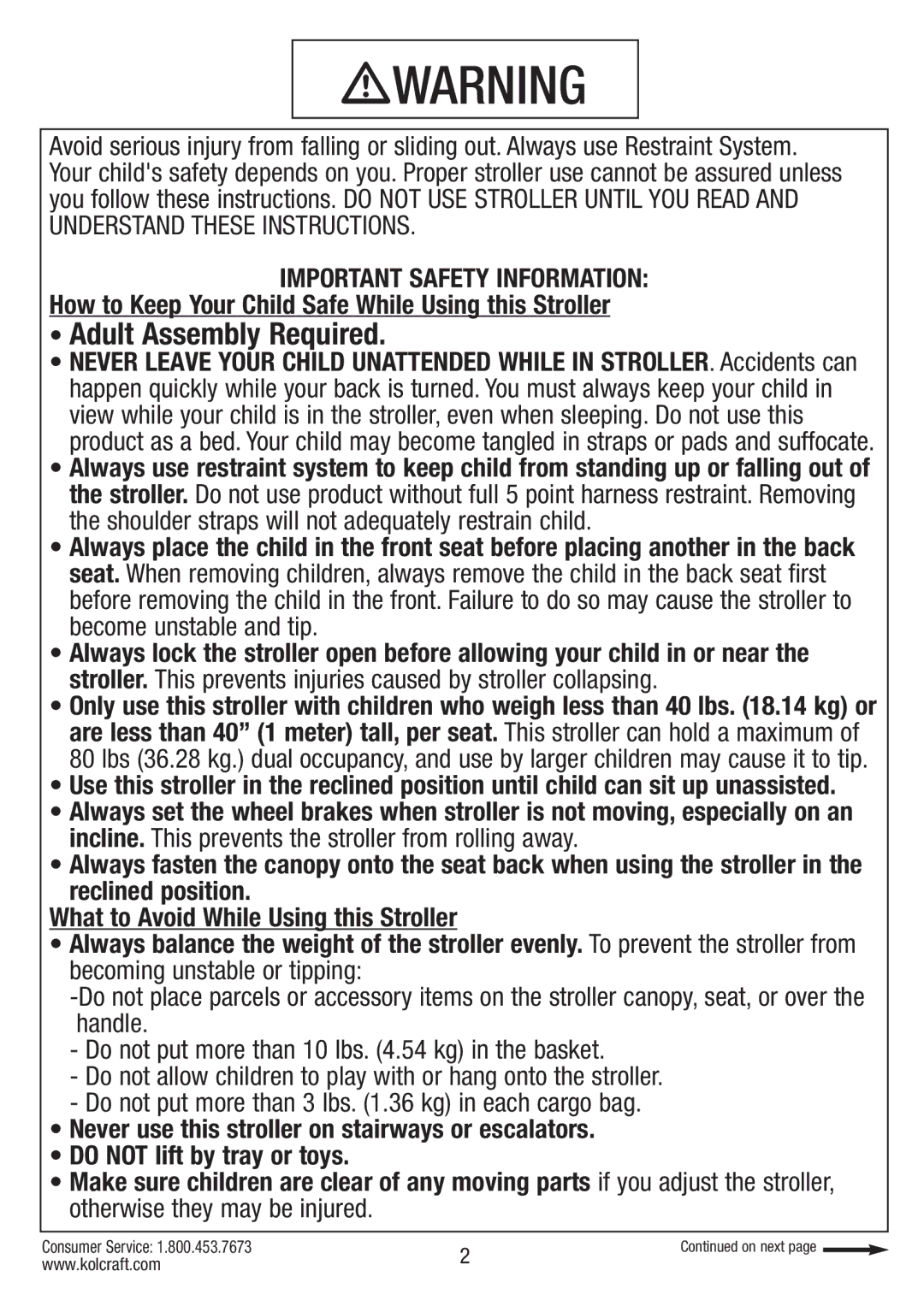 Kolcraft S084 12/10 instruction sheet Adult Assembly Required, Consumer Service 