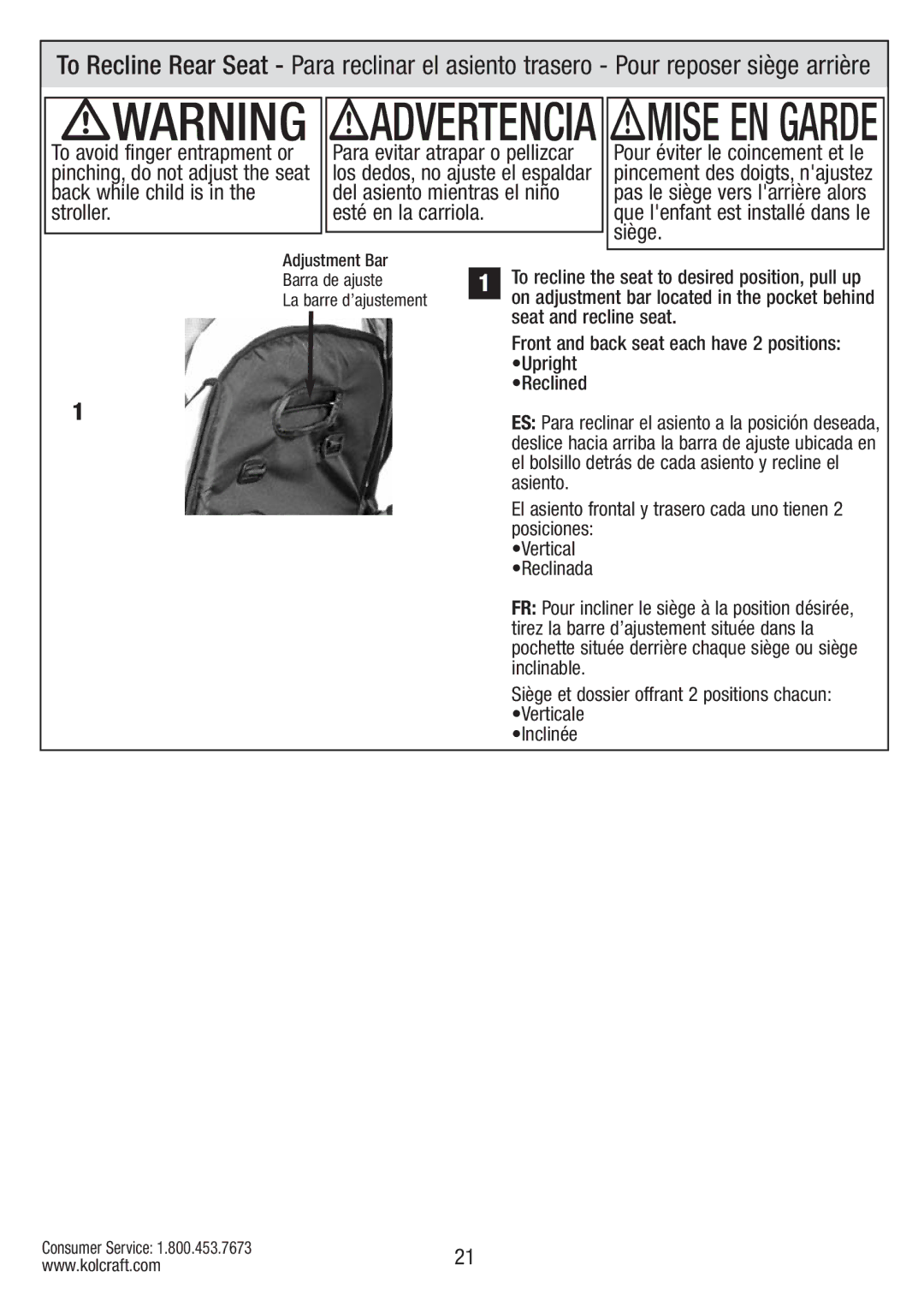 Kolcraft S084 12/10 instruction sheet Adjustment Bar Barra de ajuste La barre d’ajustement 