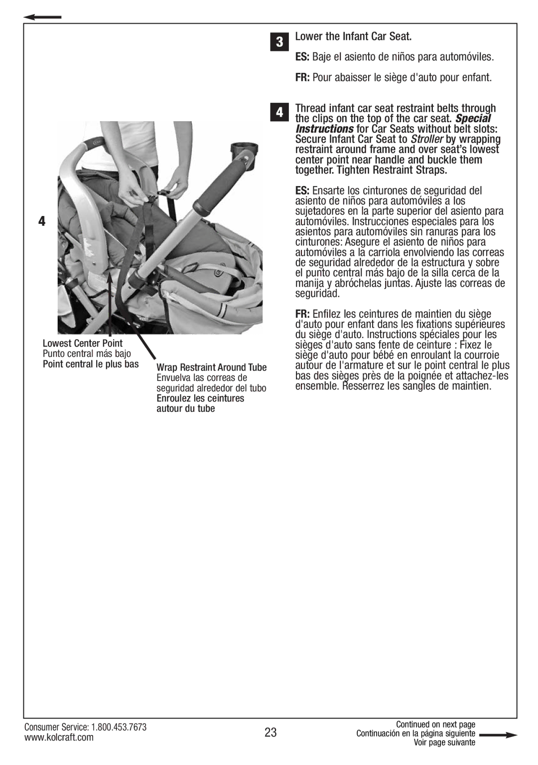 Kolcraft S084 12/10 instruction sheet Lower the Infant Car Seat, FR Pour abaisser le siège dauto pour enfant 