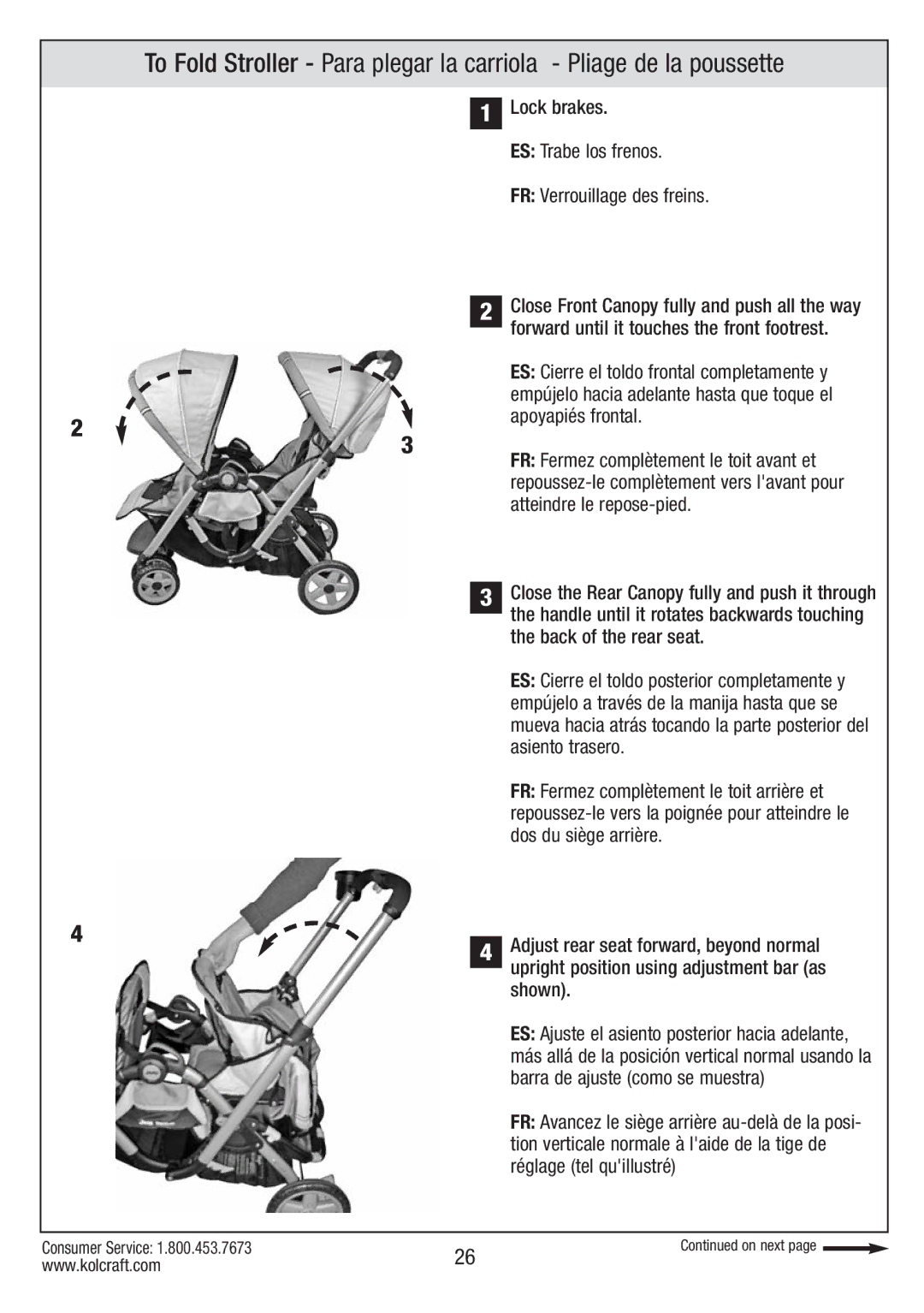 Kolcraft S084 12/10 instruction sheet Lock brakes ES Trabe los frenos FR Verrouillage des freins 