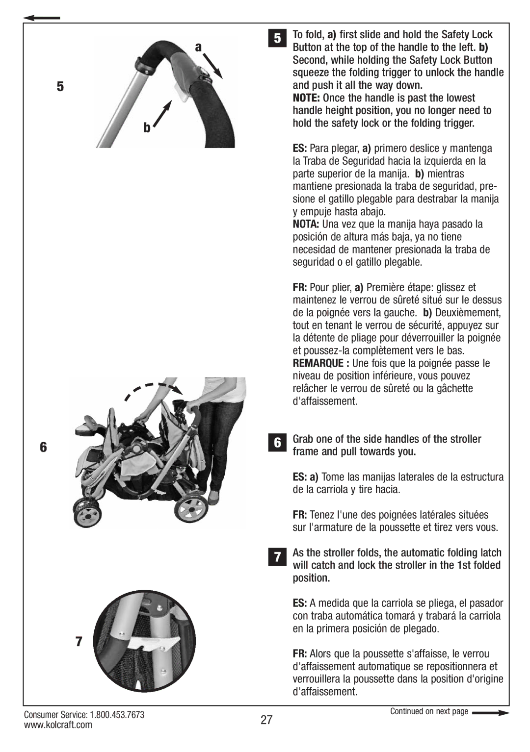 Kolcraft S084 12/10 Push it all the way down, Hold the safety lock or the folding trigger, Empuje hasta abajo, Position 