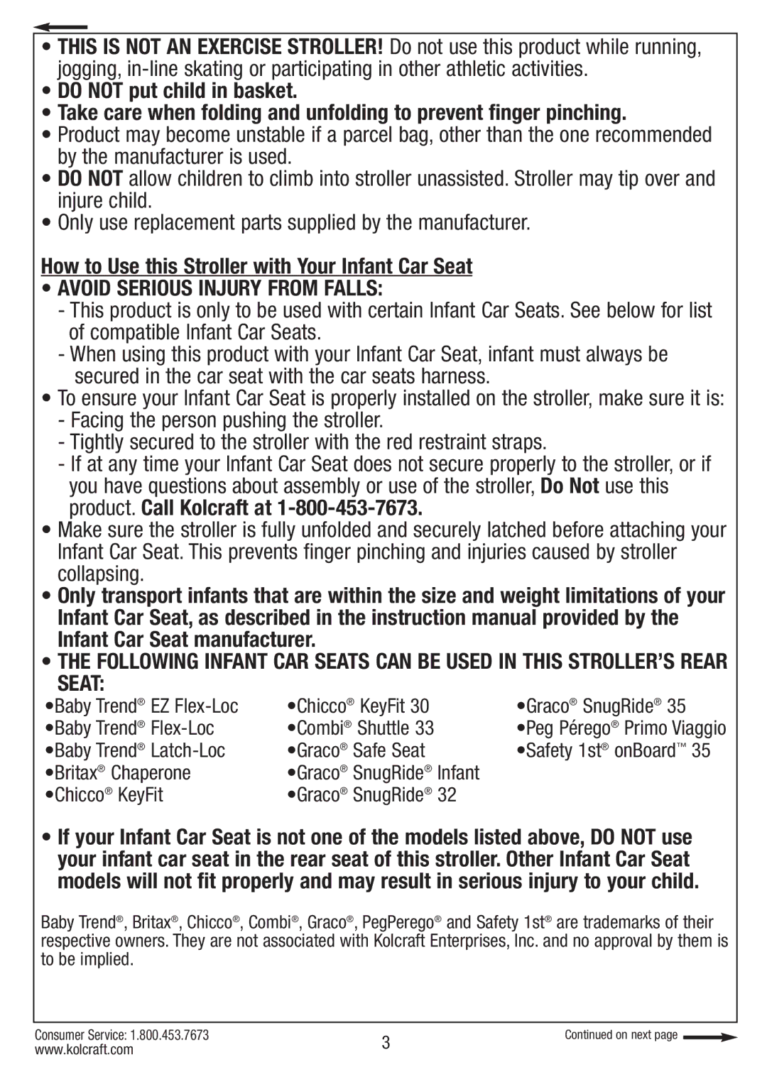 Kolcraft S084 12/10 instruction sheet Avoid Serious Injury from Falls, Peg Pérego Primo Viaggio 