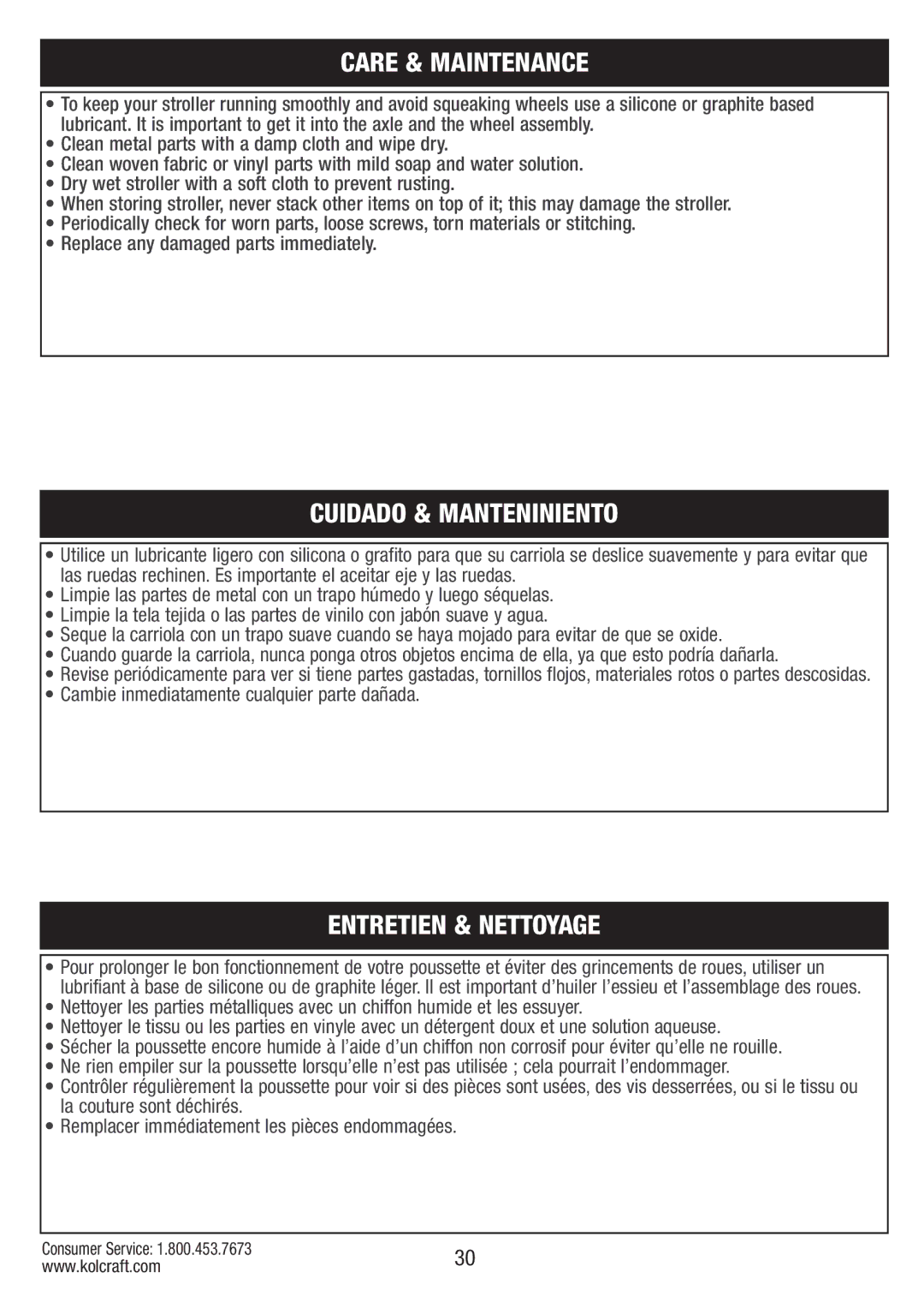 Kolcraft S084 12/10 instruction sheet Care & Maintenance, Cuidado & Manteniniento, Entretien & Nettoyage 