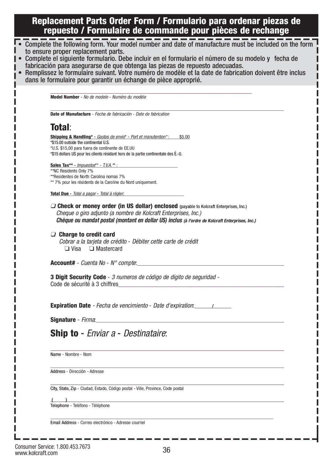 Kolcraft S084 12/10 instruction sheet Total, Charge to credit card, Visa Mastercard, Signature Firma 