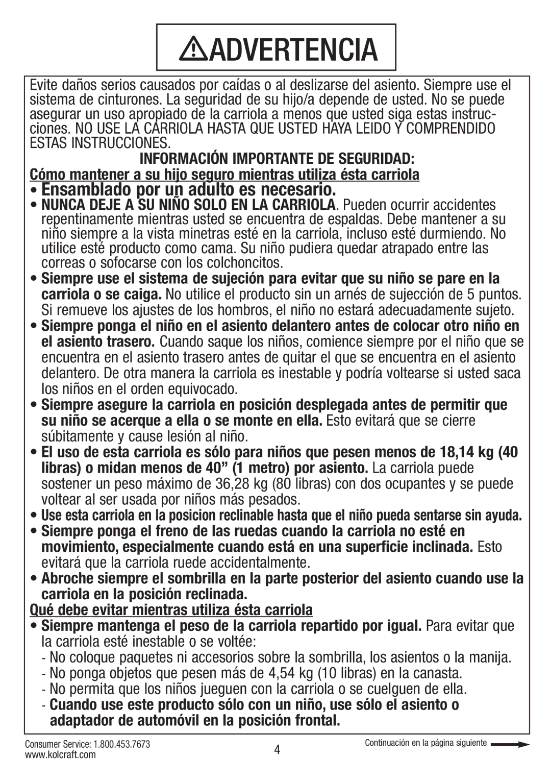 Kolcraft S084 12/10 instruction sheet Advertencia 