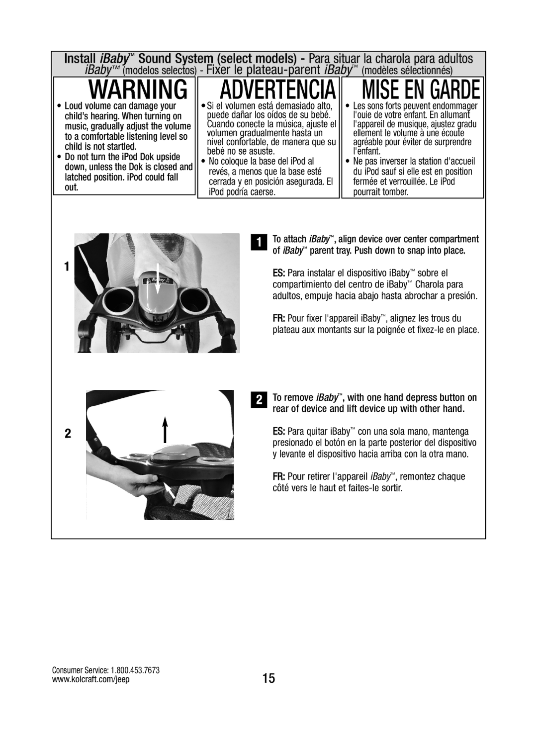 Kolcraft S088-R3 manual Child is not startled, Bebé no se asuste Lenfant, Out, IPod podría caerse Pourrait tomber 