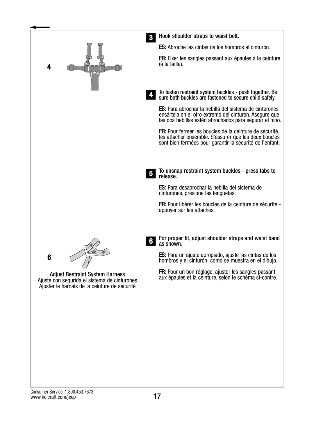 Kolcraft S088-R3 manual Adjust Restraint System Harness, To unsnap restraint system buckles press tabs to release, As shown 